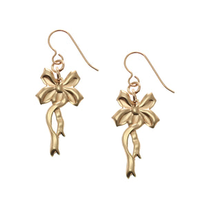 1 of 7:  A Pair of Yuletide Ribbon Bronze Dangle Earrings on a White Background
