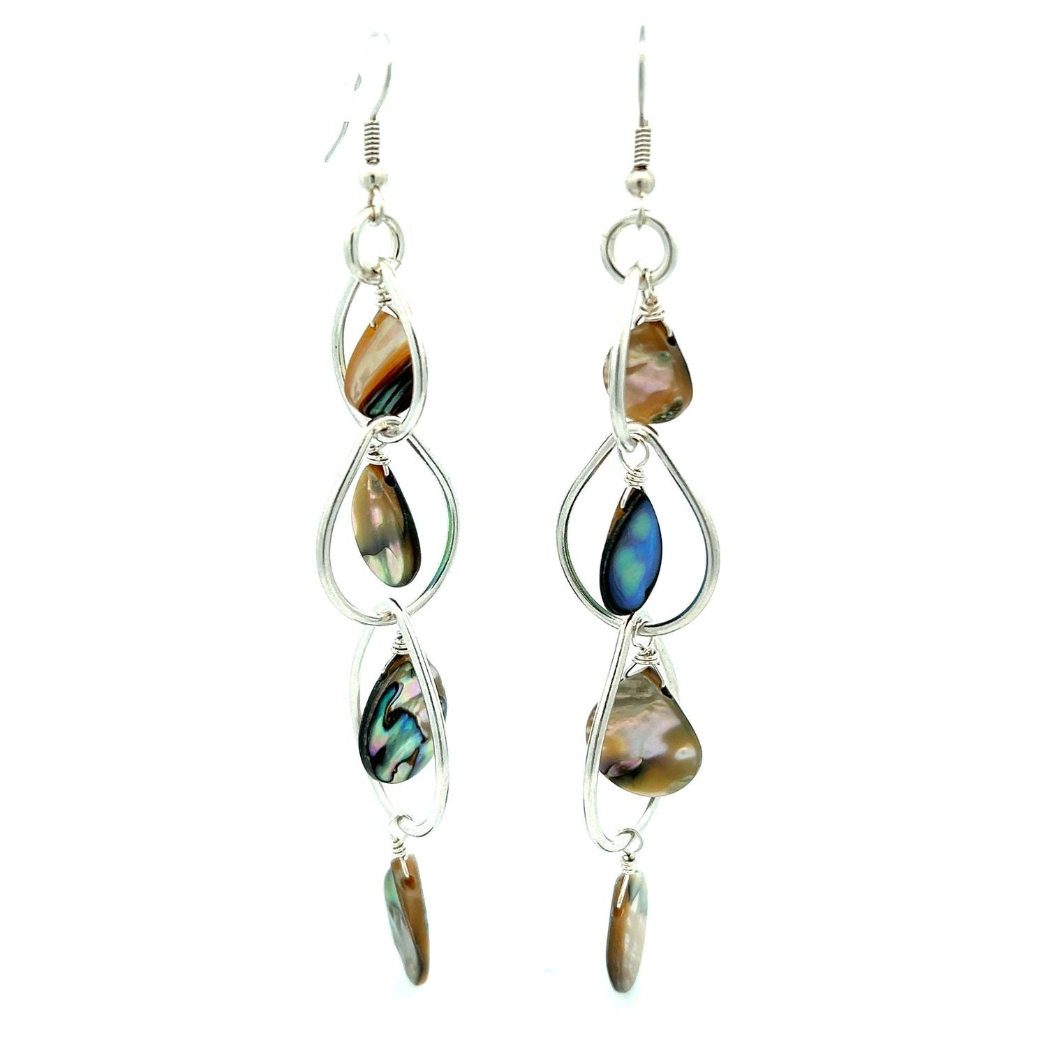 A Pair of Abalone Fine Silver Chandelier Earrings-John S Brana - Handmade Jewelry on a White Background
