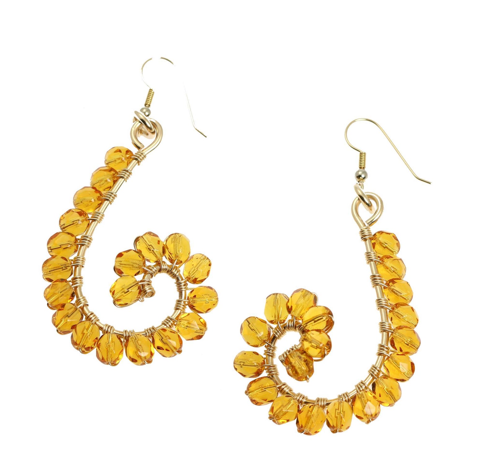 A Pair of Amber Wire Wrapped 14K Gold-filled Earrings on a White Background