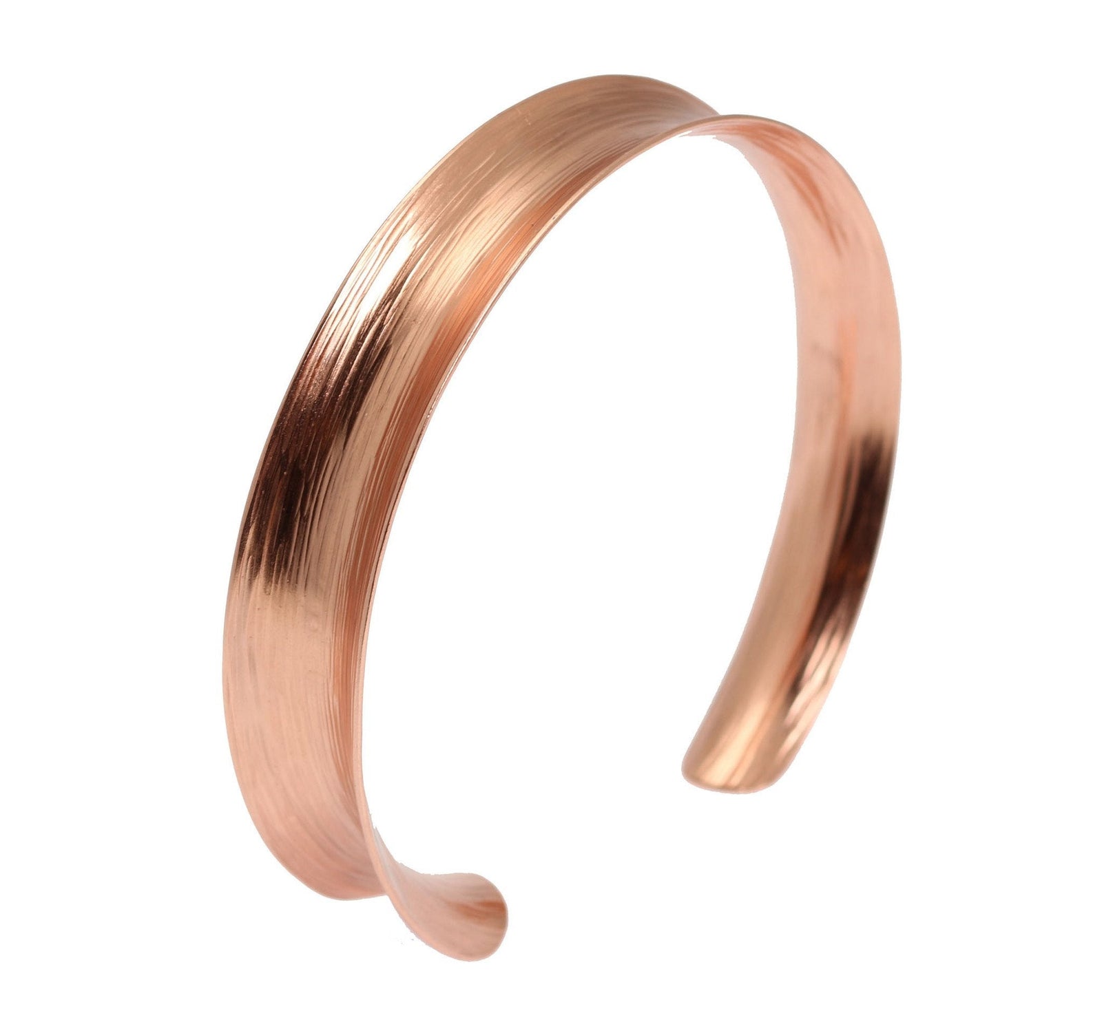 An Anticlastic Bark Copper Bangle Bracelet on a White Background