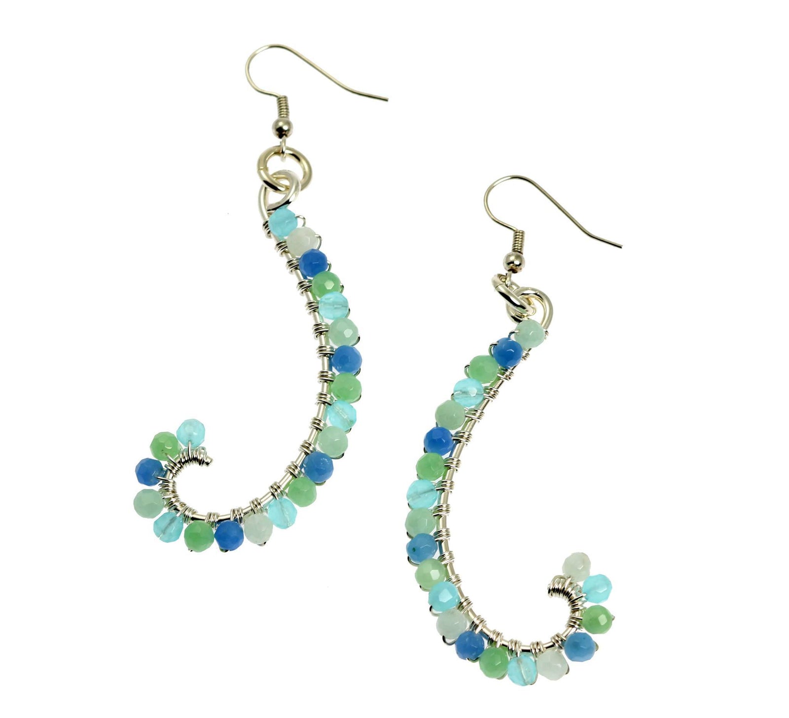 A Pair of Blue Obsidian Wire Wrapped Sterling Silver Earrings on a White Background