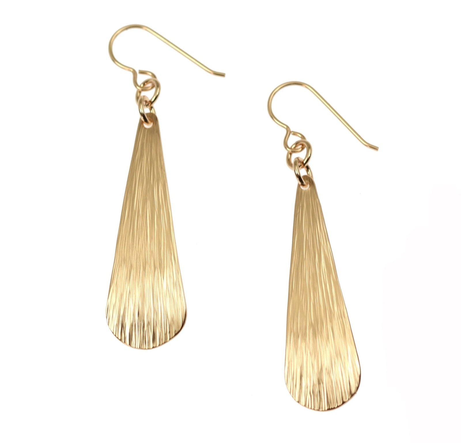 A Pair of Bronze Bark Long Teardrop Earrings on a White Background
