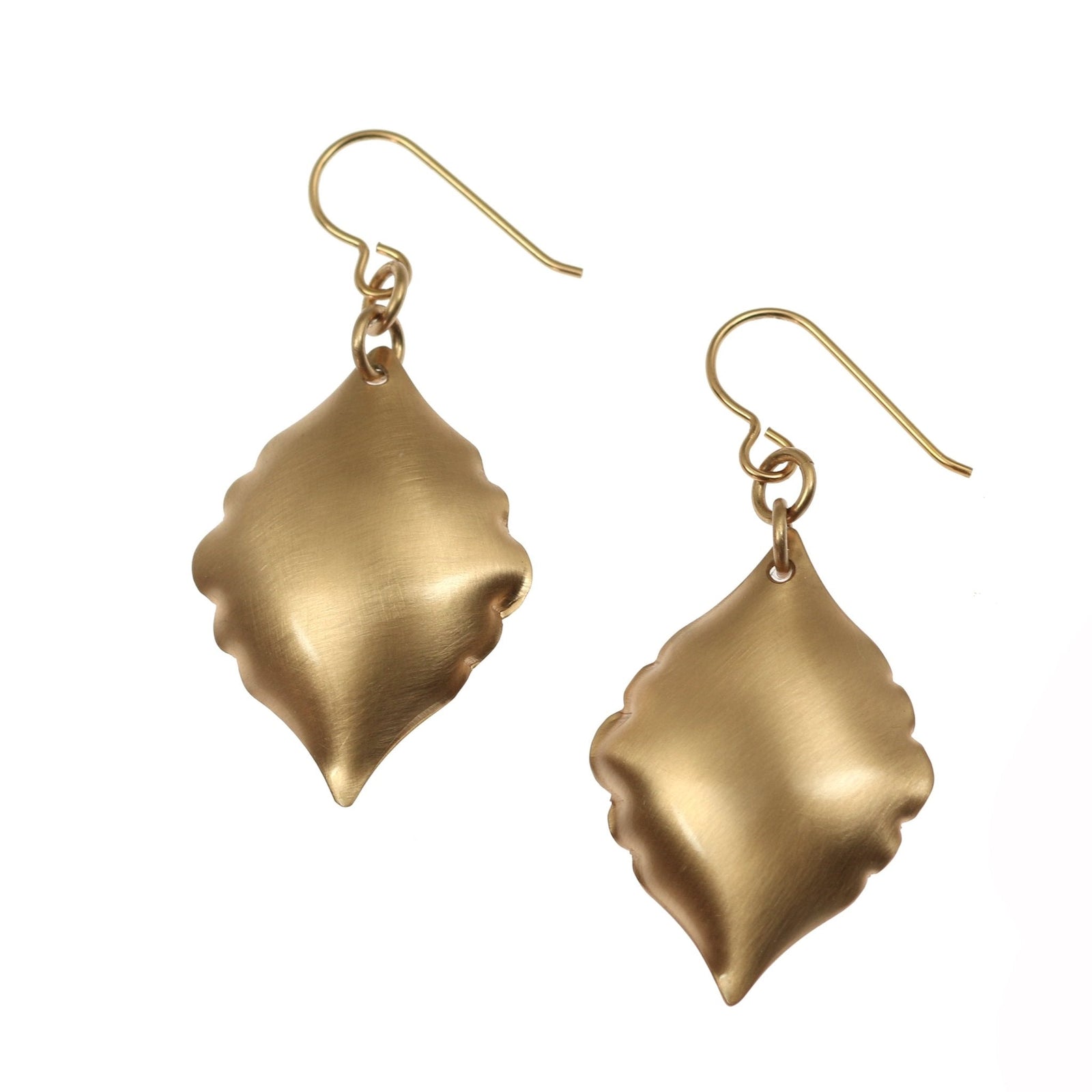 A Pair of Brushed Bronze Moroccan Drop Earrings on a White Background