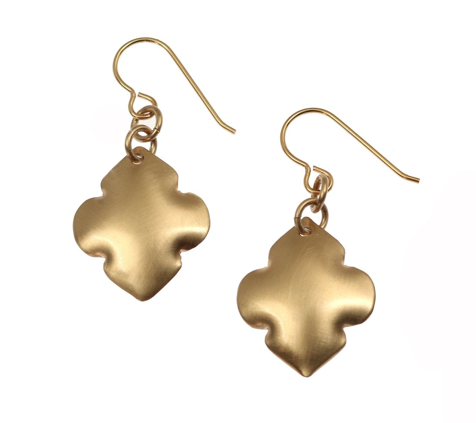A Pair of Brushed Bronze Quatrefoil Drop Earrings on a White Background