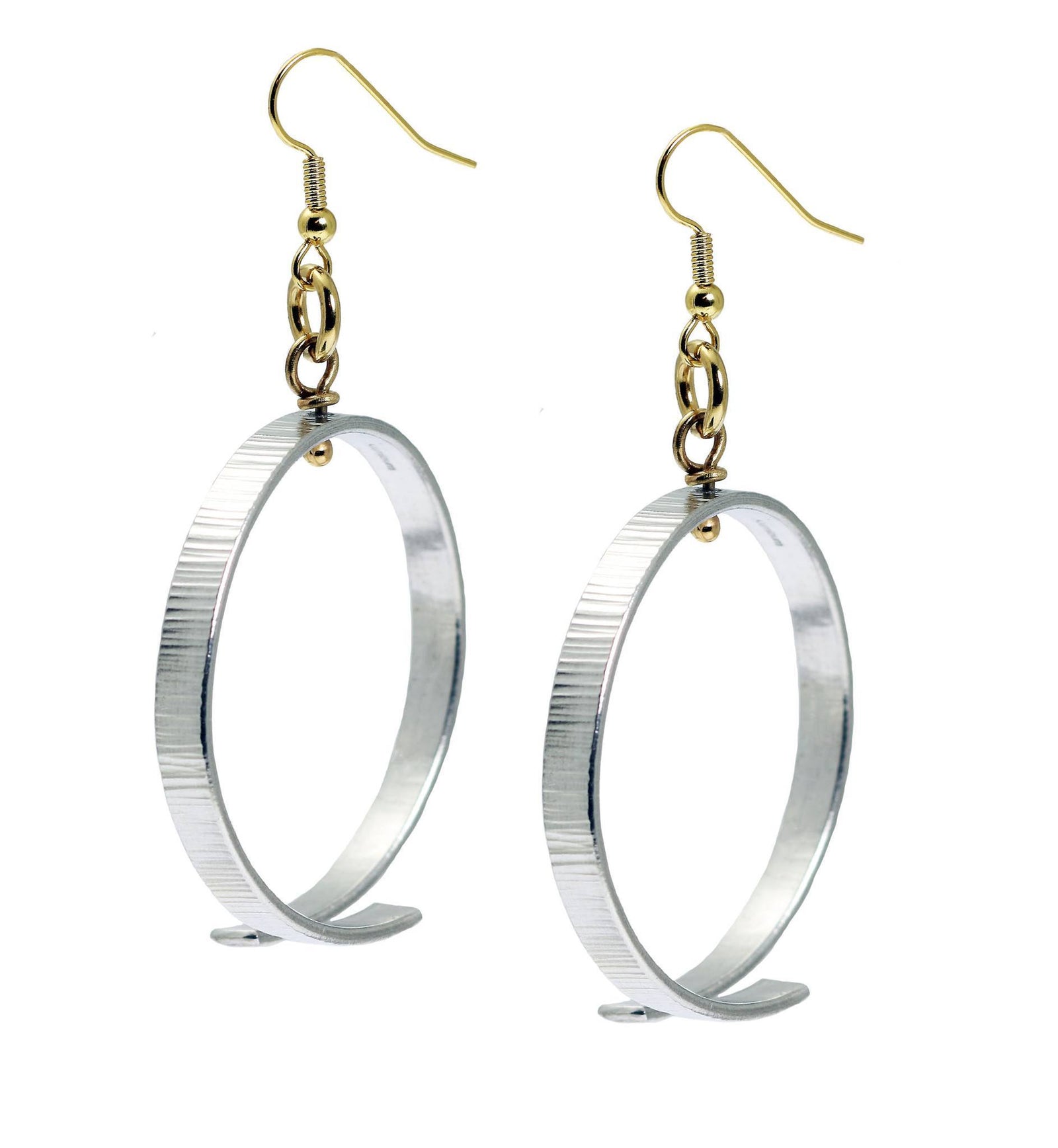 A Pair of Chased Aluminum Hoop Earrings on a White Background