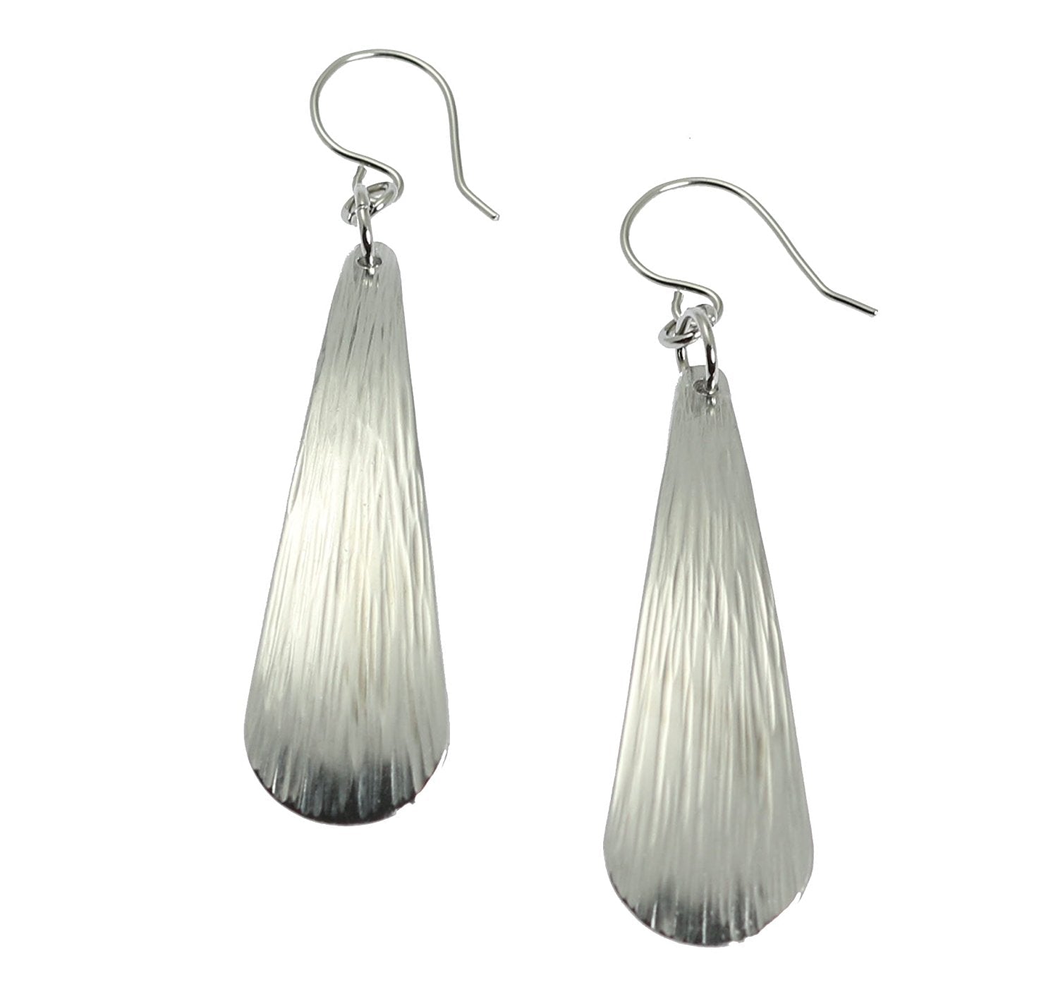 A Pair of Chased Aluminum Long Teardrop Earrings on a White Background