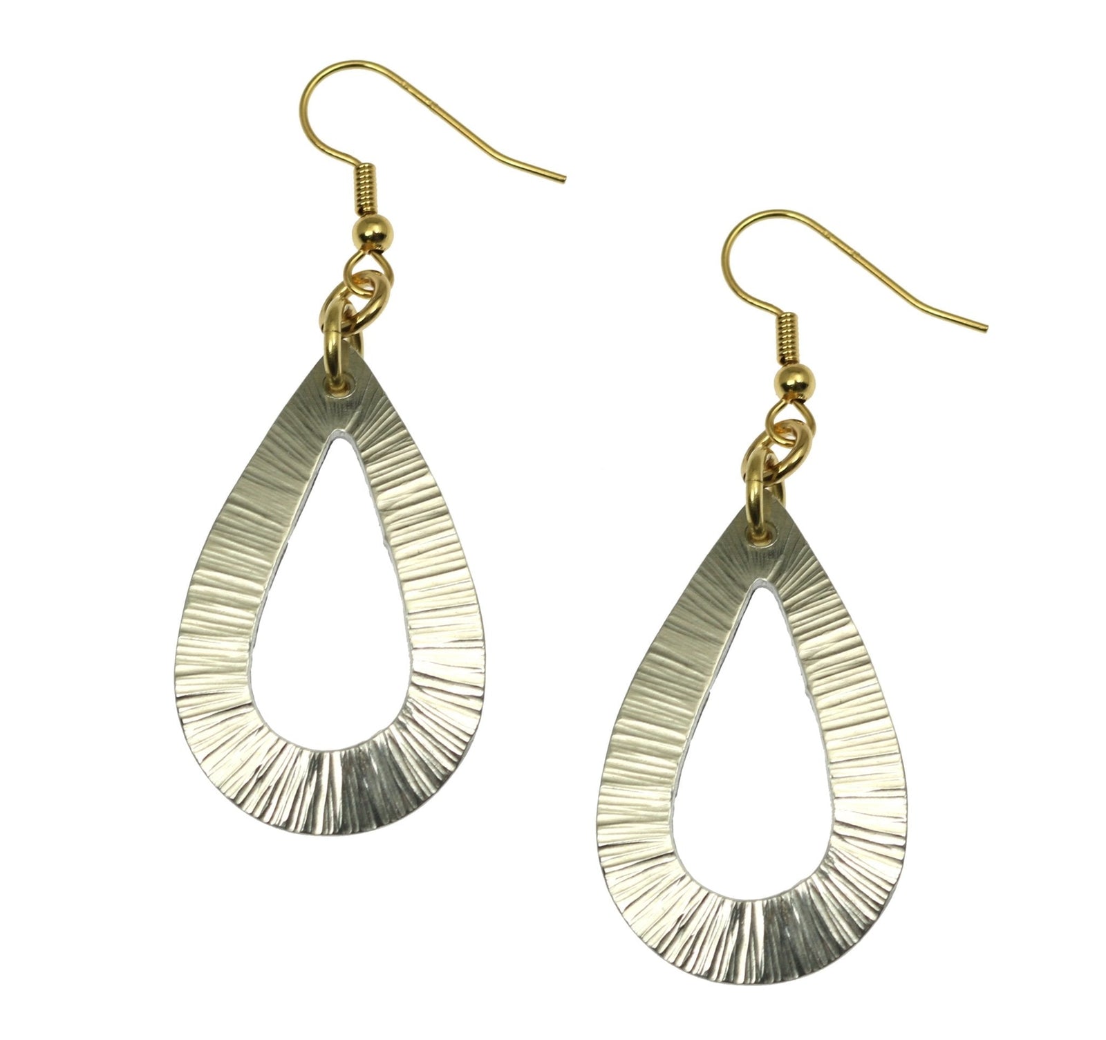 A Pair of Chased Aluminum Open Teardrop Earrings on a White Background