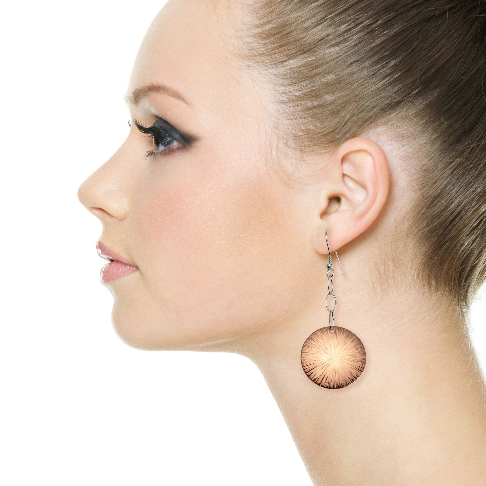 Chased Disc Copper Dangle Earrings on Female Model