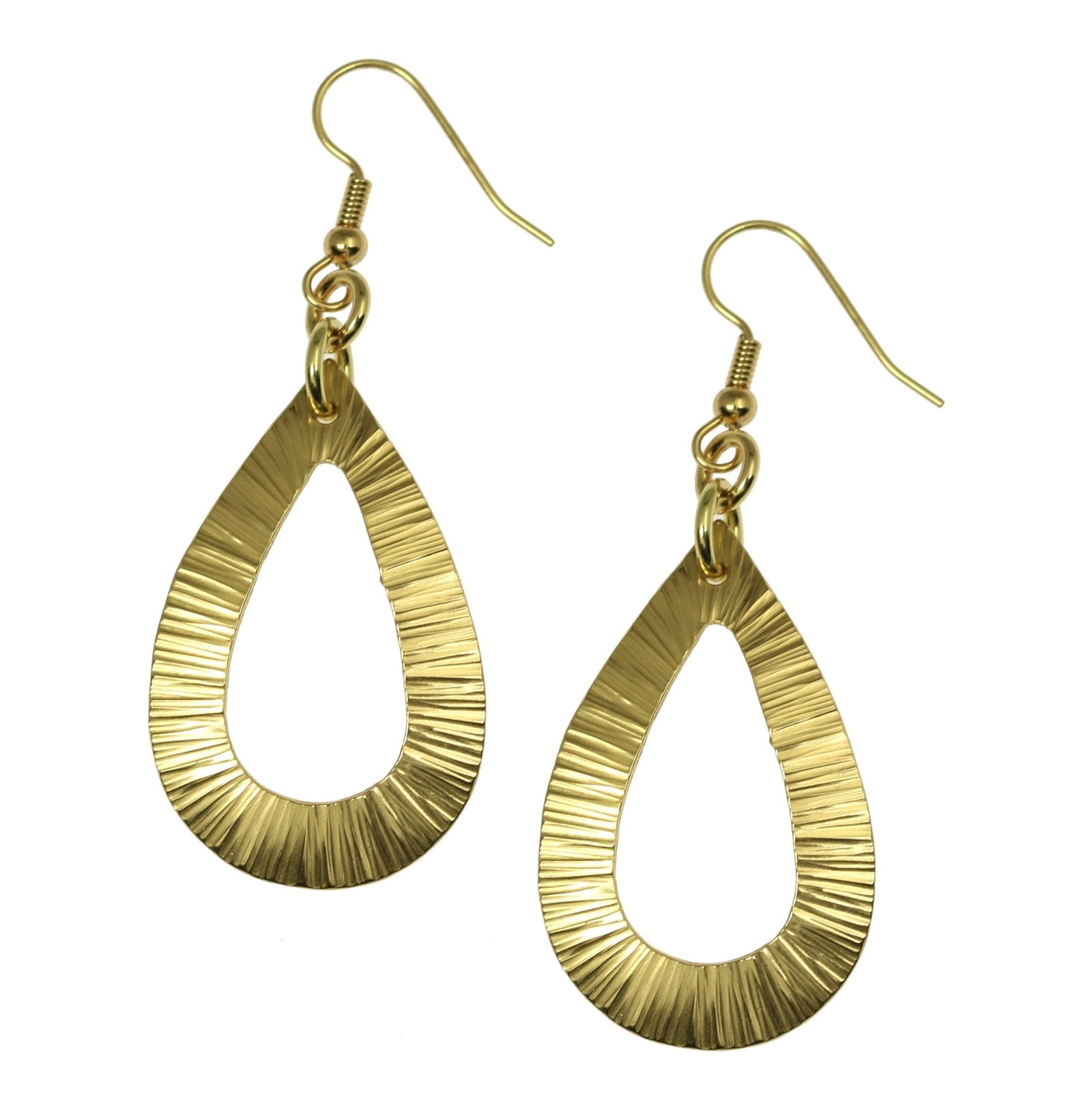 A Pair of Chased Nu Gold Brass Open Teardrop Earrings on a White Background