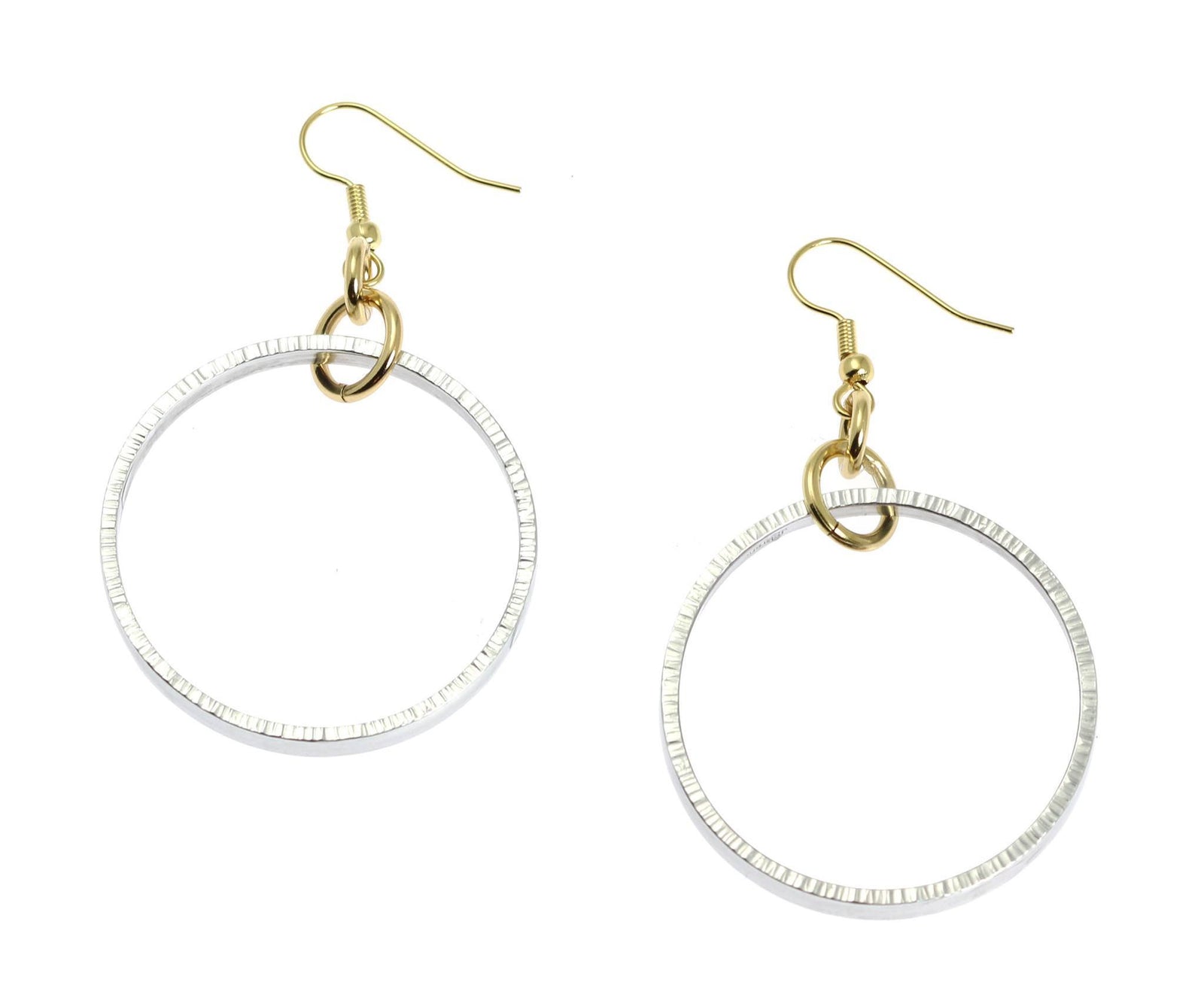 A Pair of Chased Rim Aluminum Hoop Earrings on a White Background
