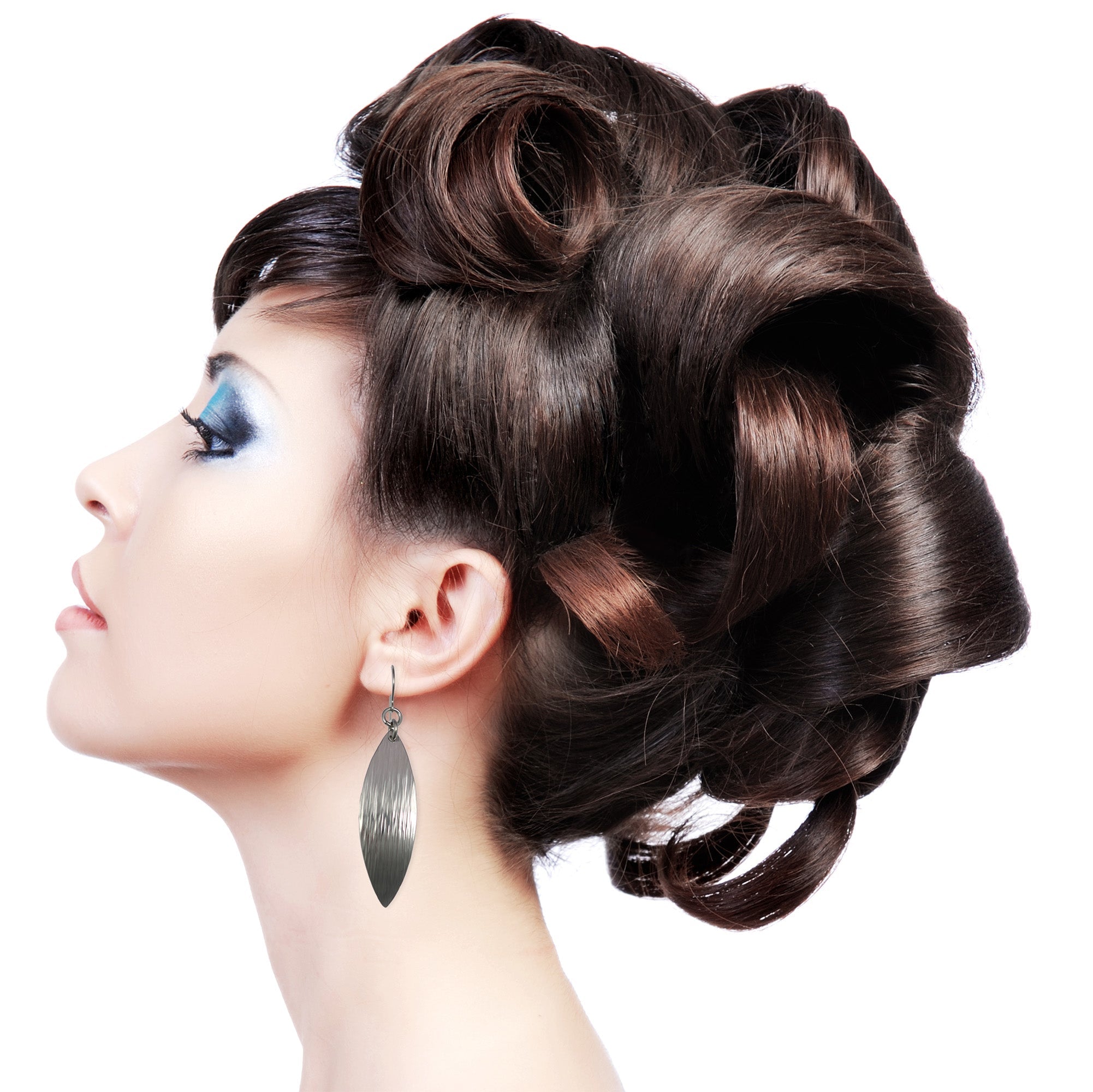 2 of 5: Chased Stainless Steel Leaf Drop Earrings on Female Model
