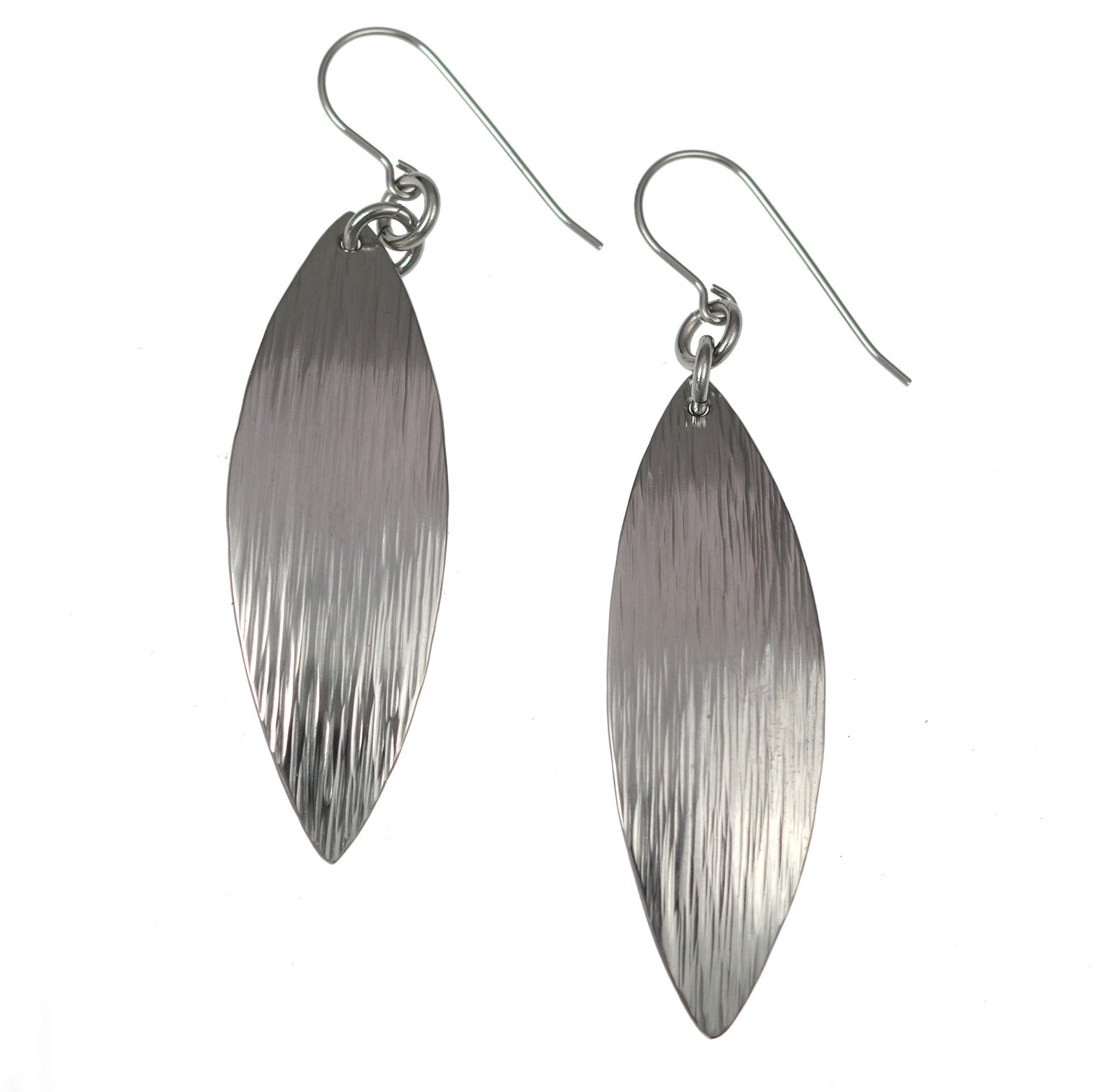 1 of 5: A Pair of Chased Stainless Steel Leaf Drop Earrings on a White Background