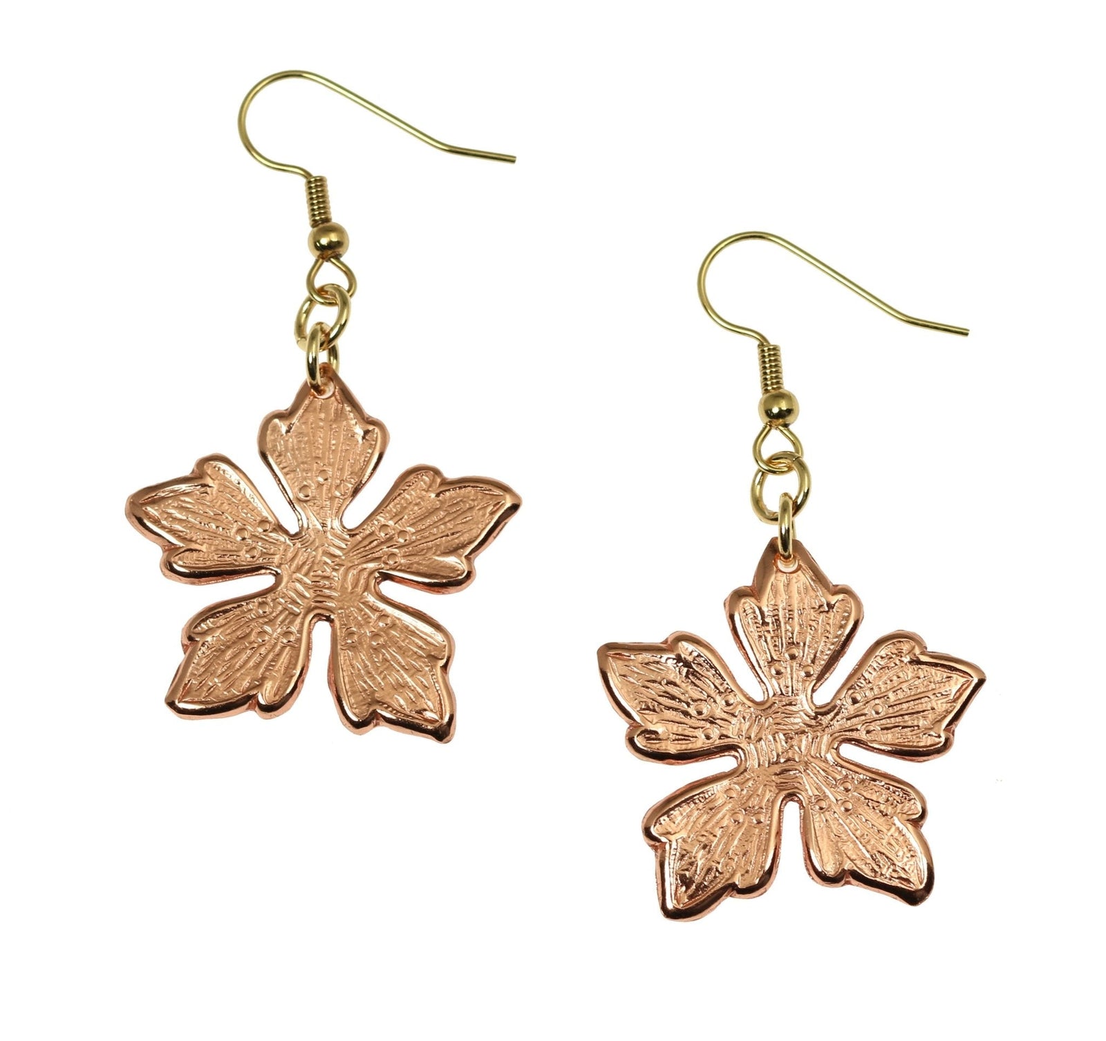 A Pair of Copper Buttercup Flower Earrings on a White Background