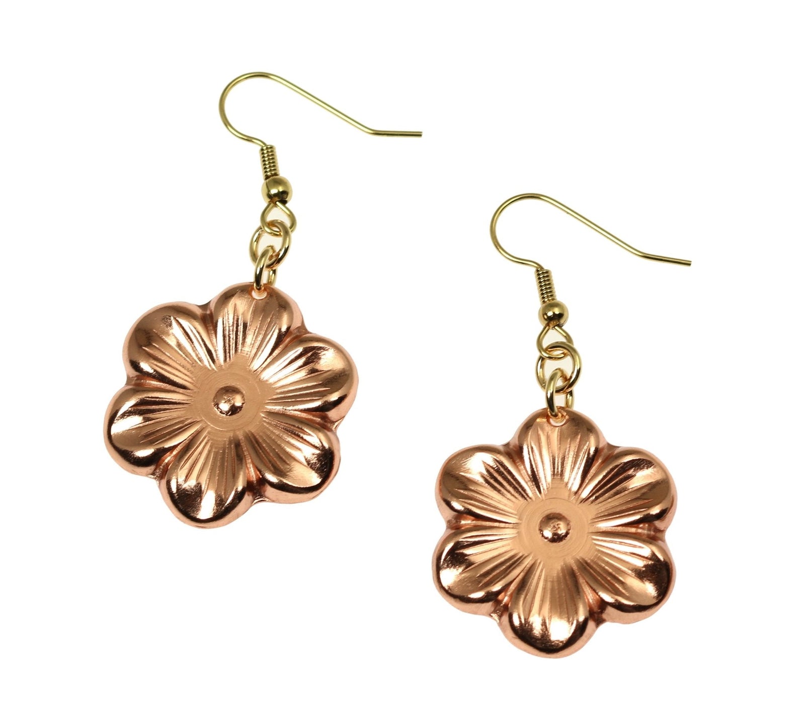 A Pair of Copper Cherry Blossom Flower Earrings on a White Background