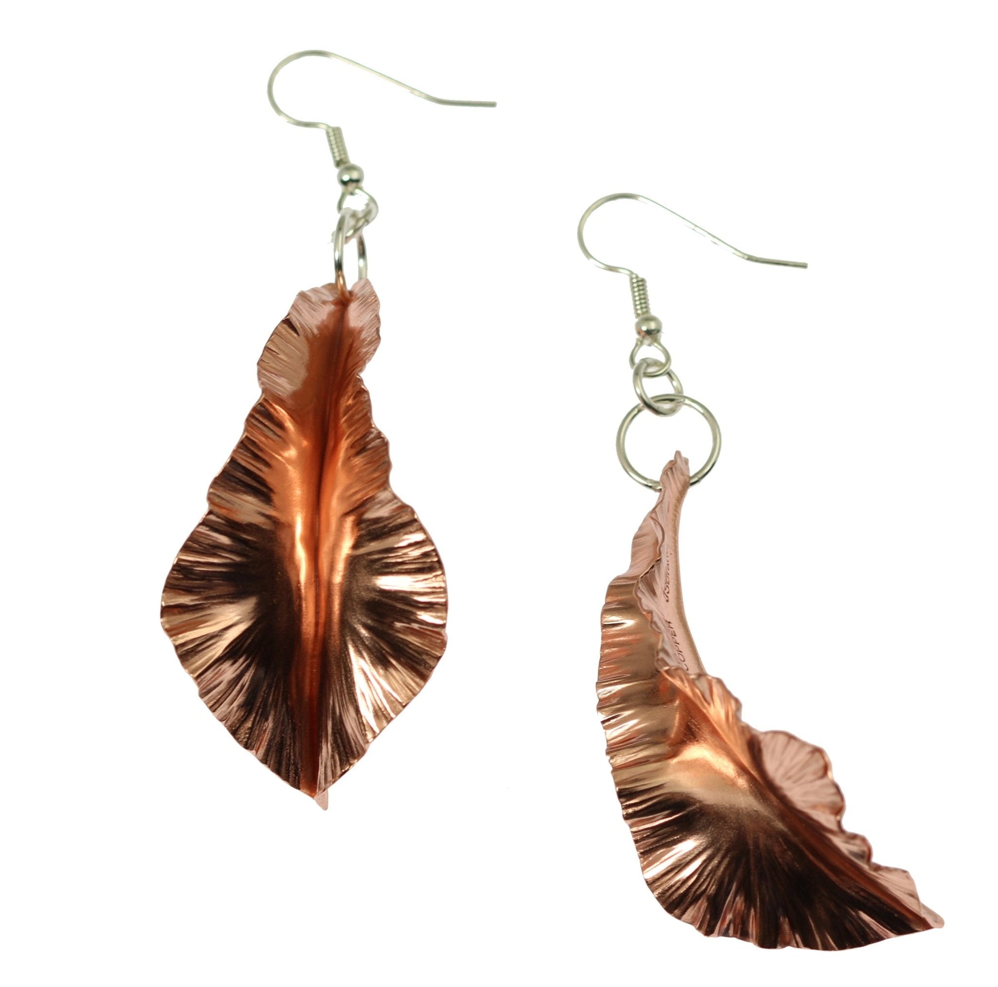 Detail View of Copper Fold Formed Leaf Dangle Earrings