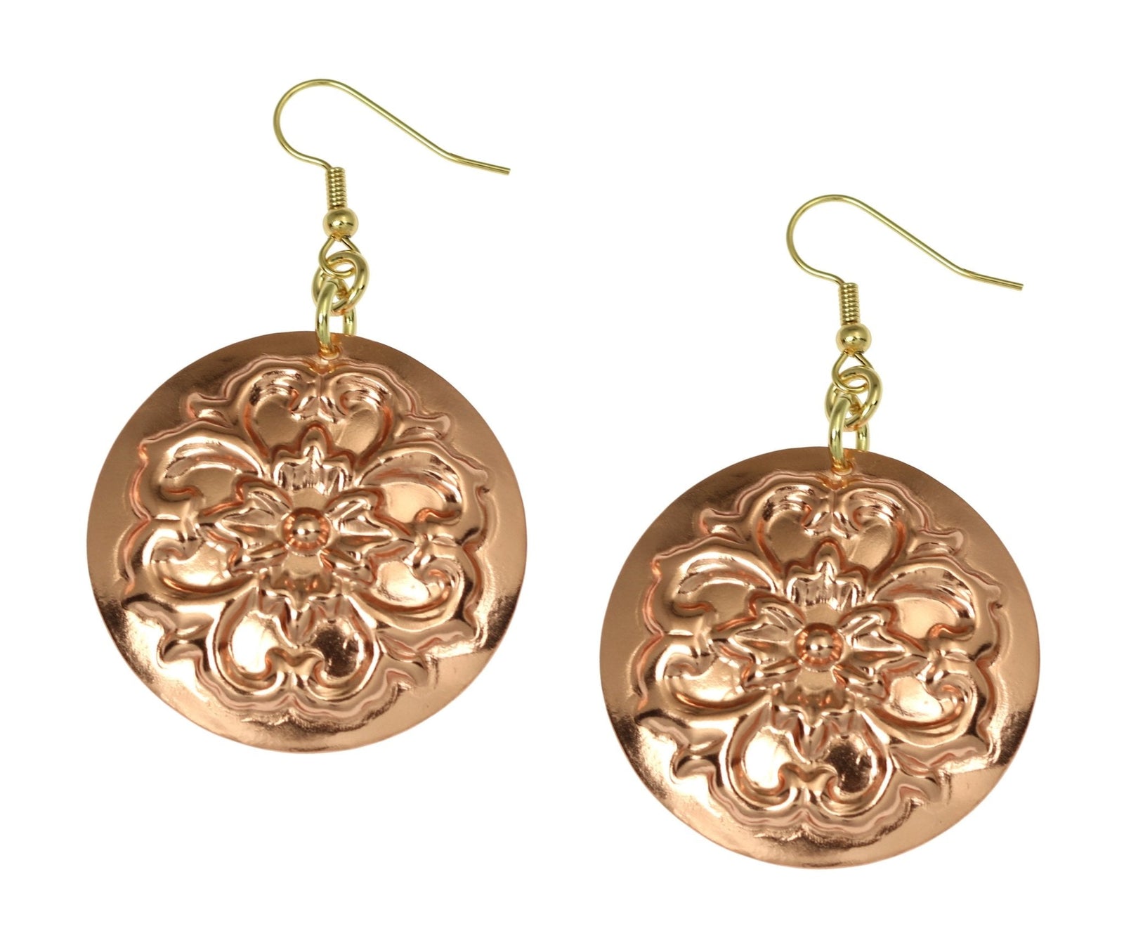 A Pair of Copper Forget Me Not Disc Earrings on a White Background