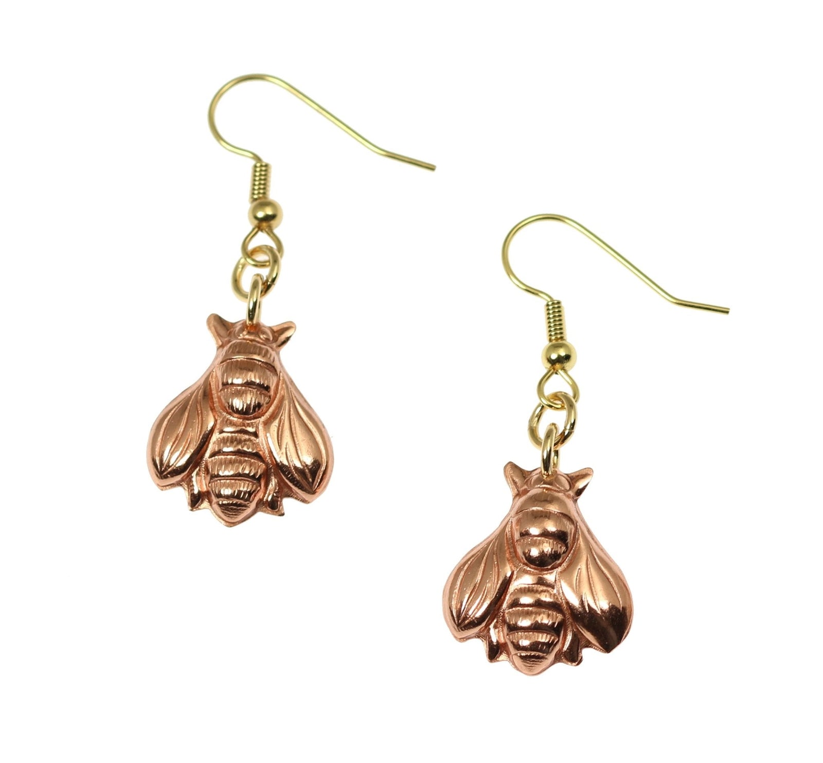 A Pair of Copper Honey Bee Drop Earrings on a White Background
