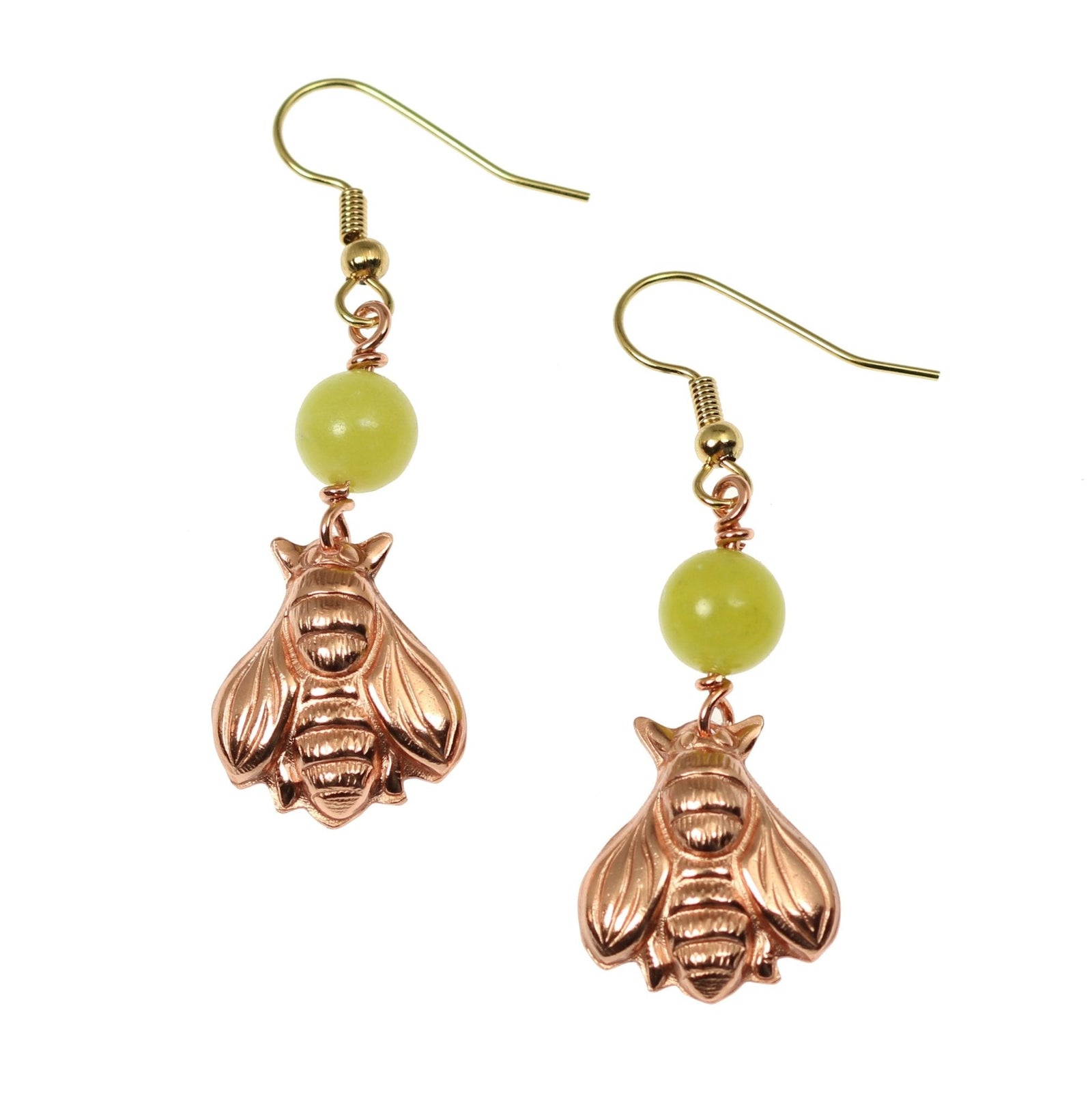 A Pair of Copper Honey Bee Drop Earrings With Serpentine on a White Background