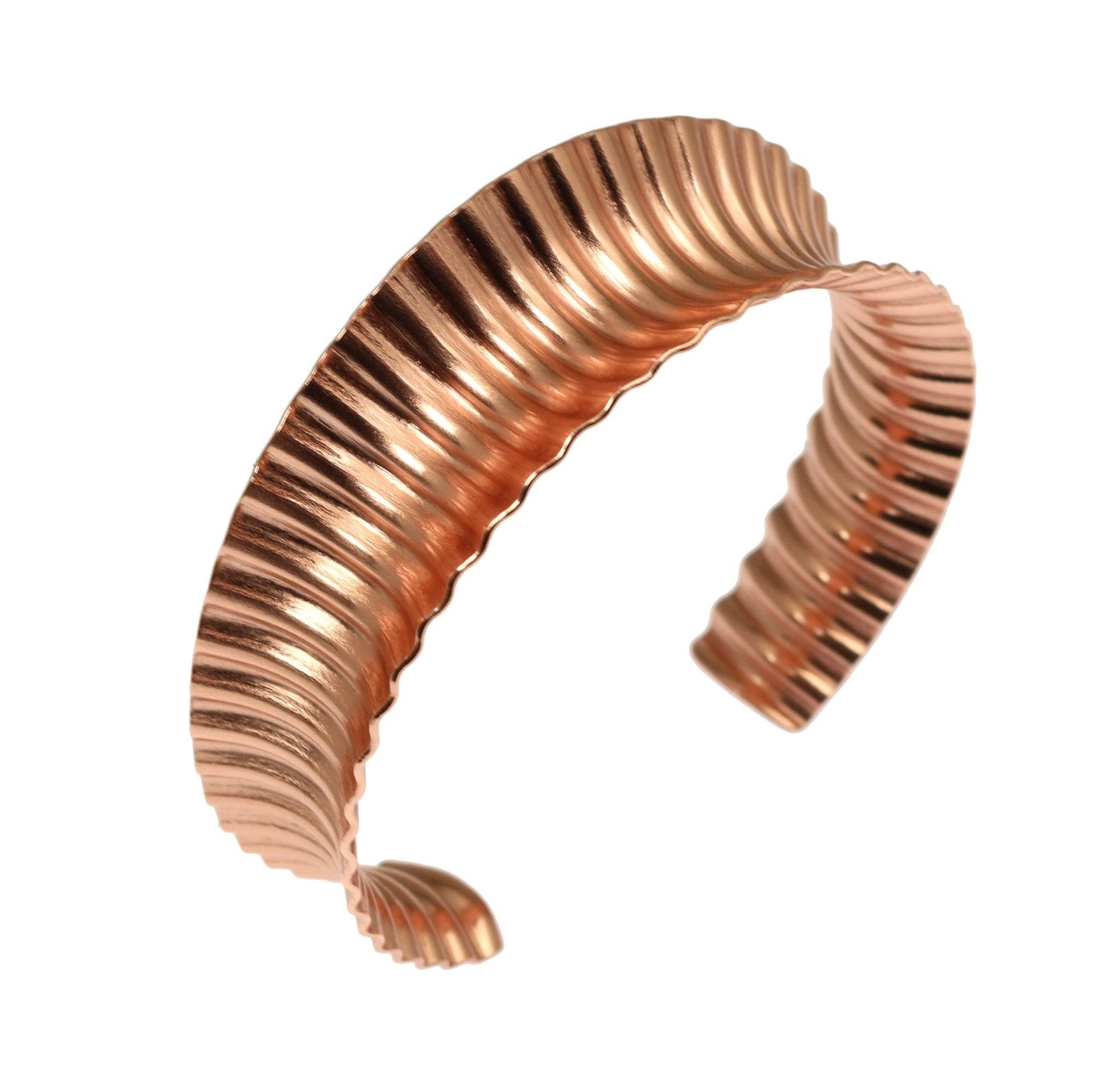 A Corrugated Copper Anticlastic Tapered Cuff on a White Background