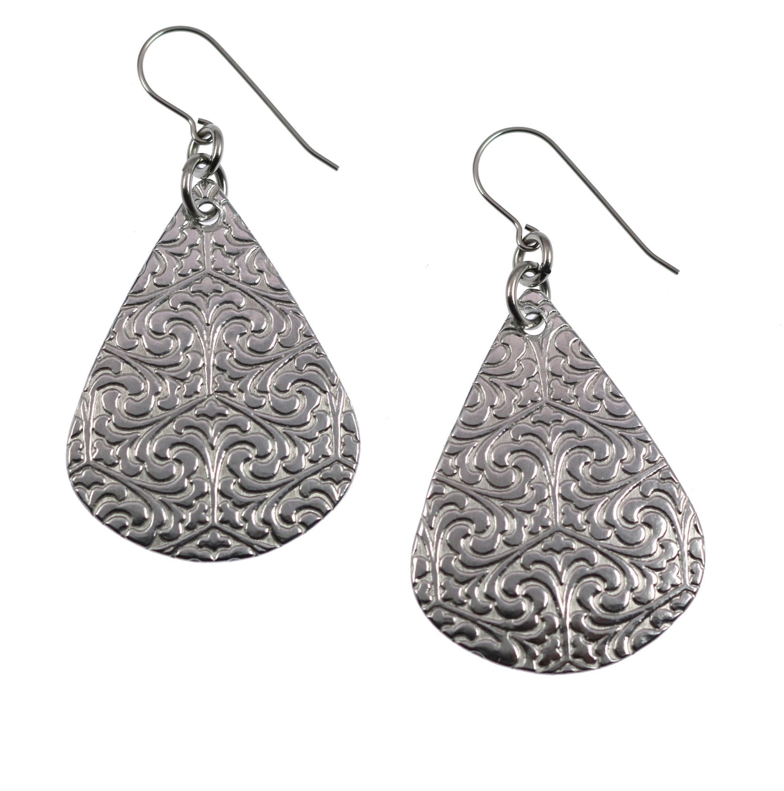A Pair of Damask Embossed Aluminum Teardrop Earrings on a White Background