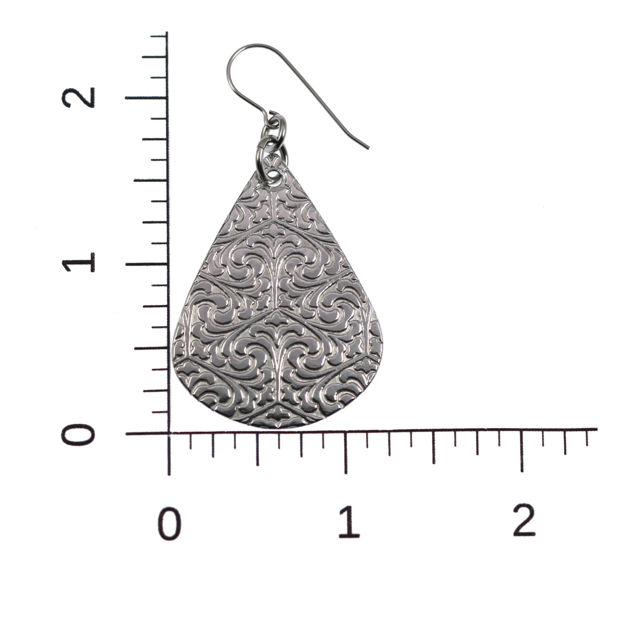 3 of 6: Scale of Damask Embossed Aluminum Teardrop Earrings on a Ruler for Size Dimensions