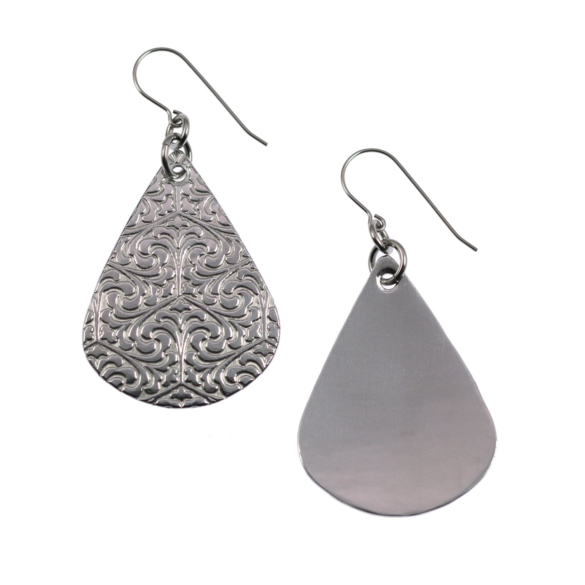 4 of 6: Front and Back Views of Damask Embossed Aluminum Teardrop Earrings