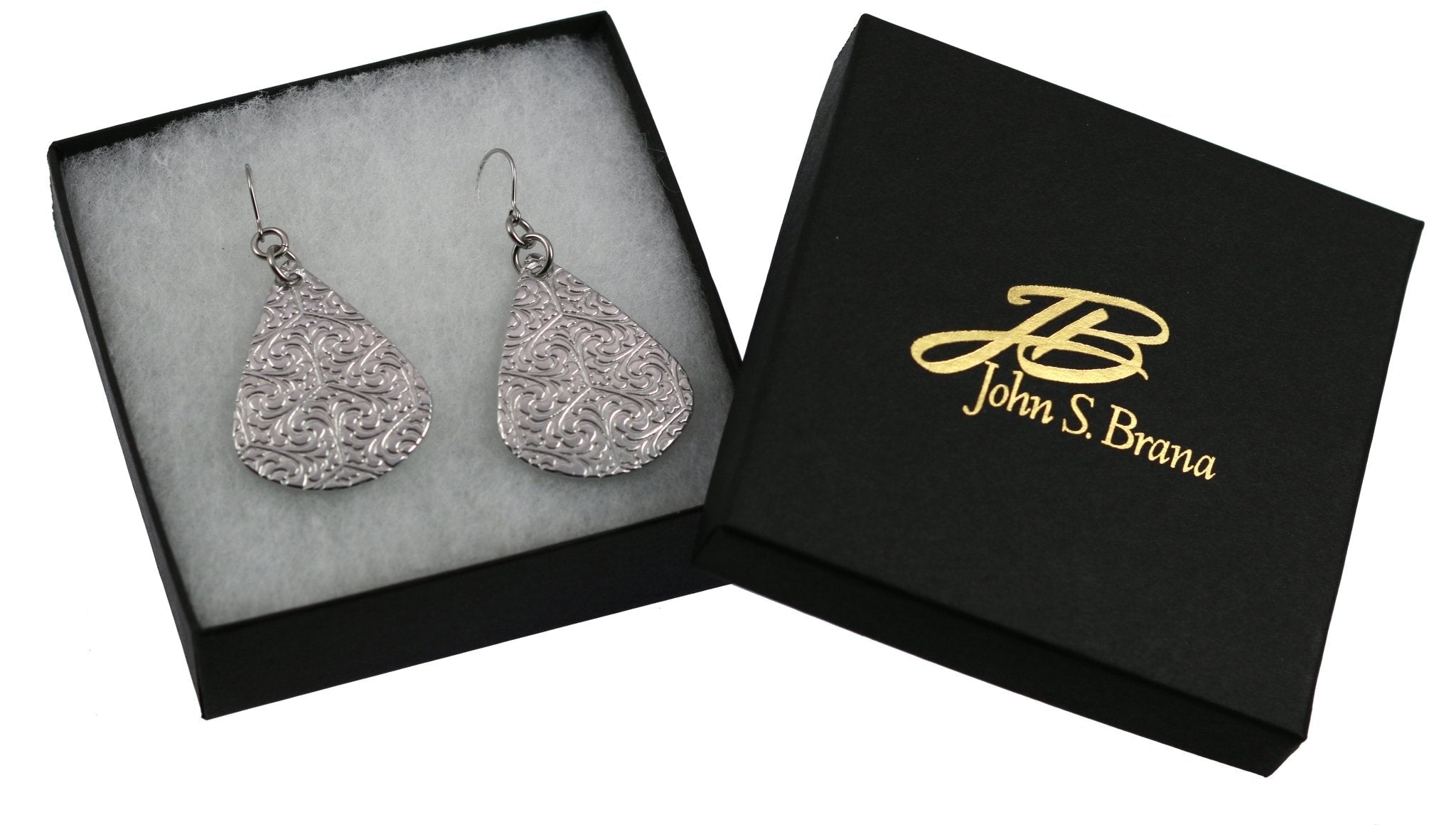 6 of 6: Damask Embossed Aluminum Teardrop Earrings in Gift Box