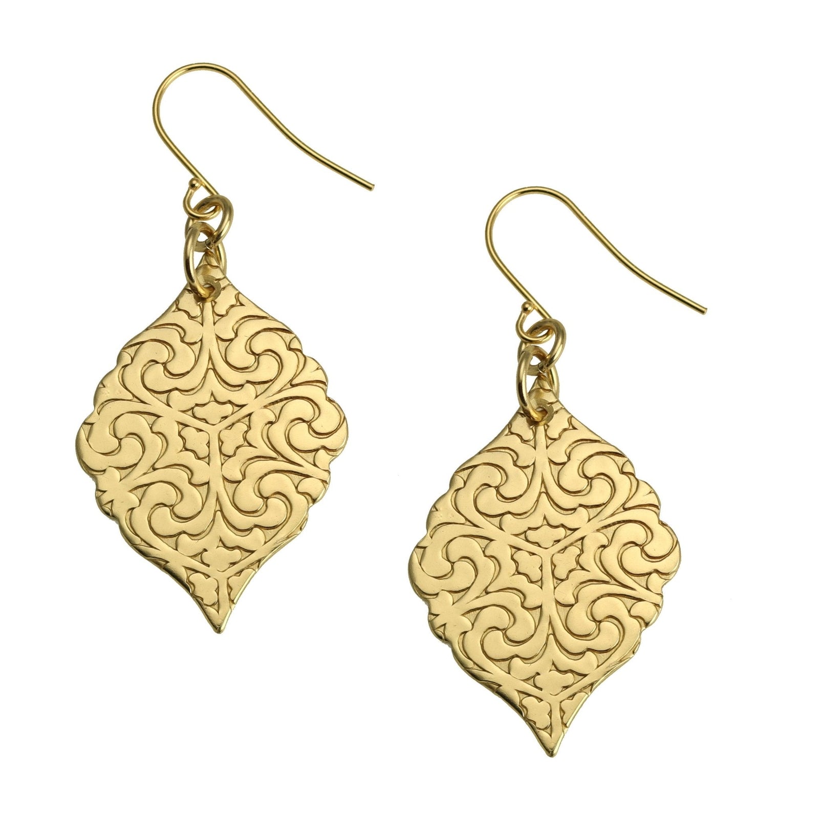 A Pair of Damask Embossed Brass Nu Gold Moroccan Drop Earrings on a White Background