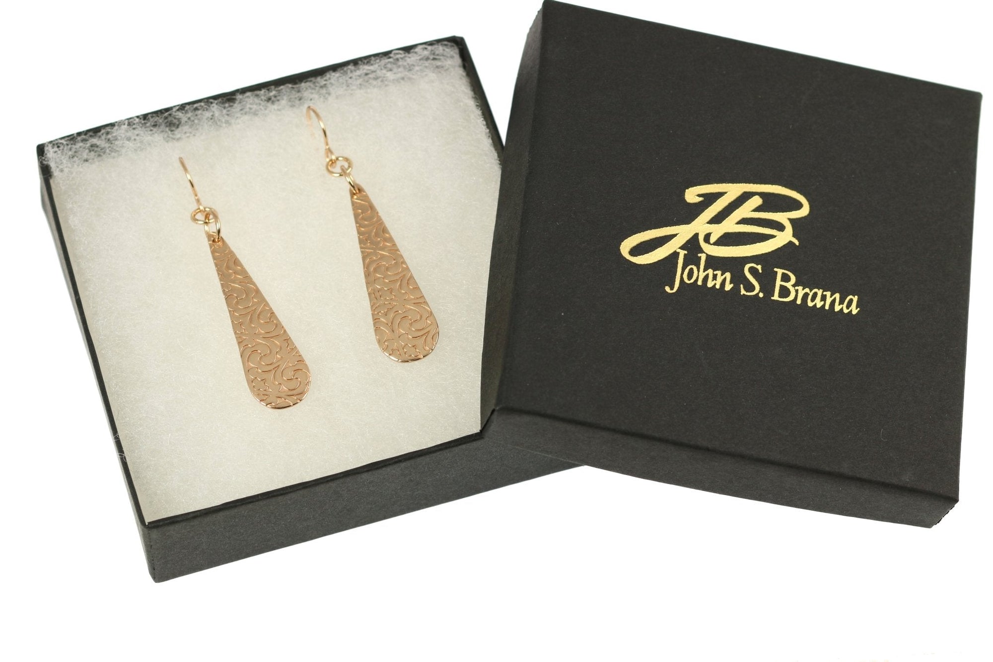 Damask Embossed Bronze Long Teardrop Earrings in Gift Box