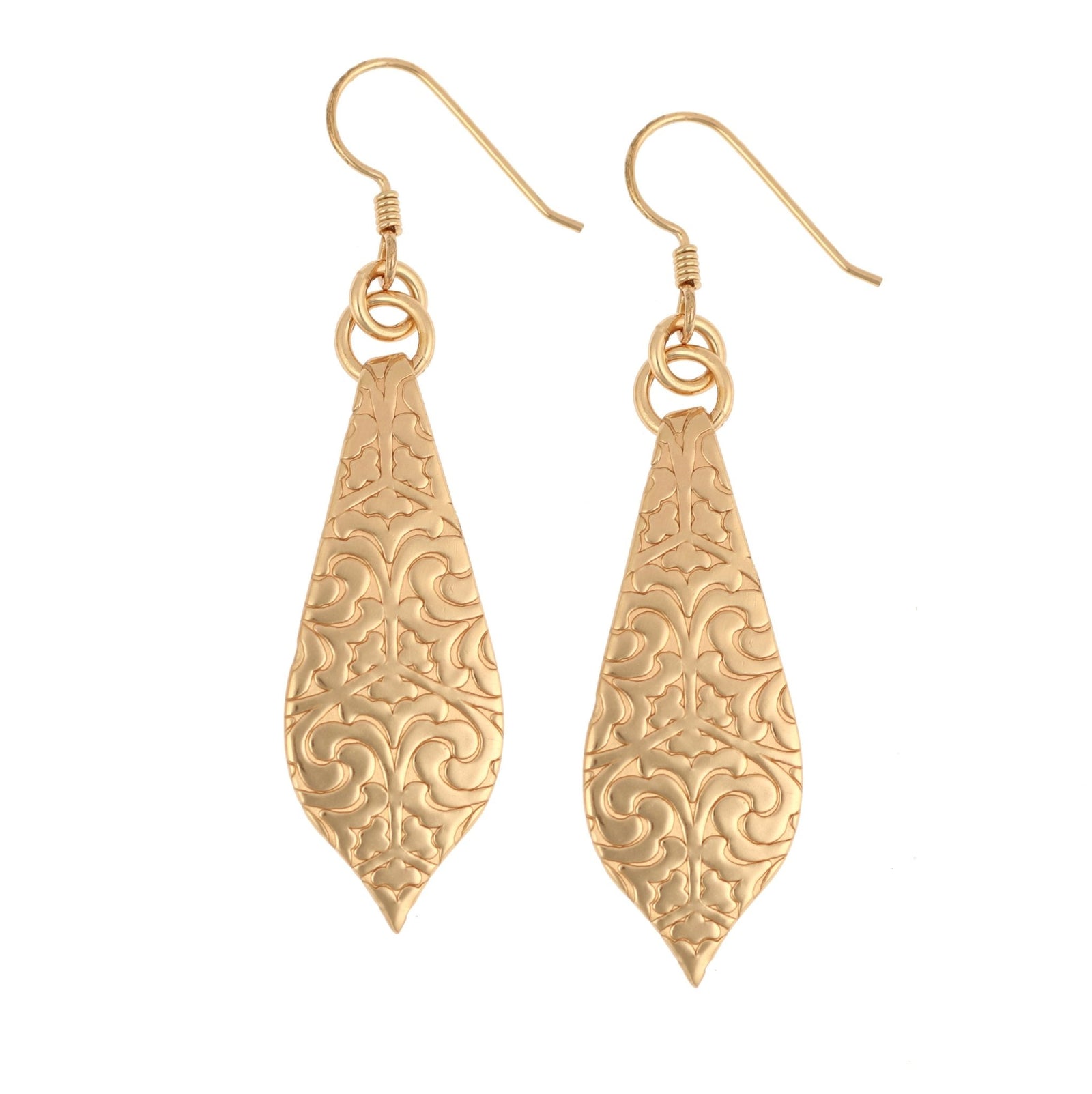 A Pair of Damask Embossed Bronze Marrakesh Teardrop Earrings on a Whit Background