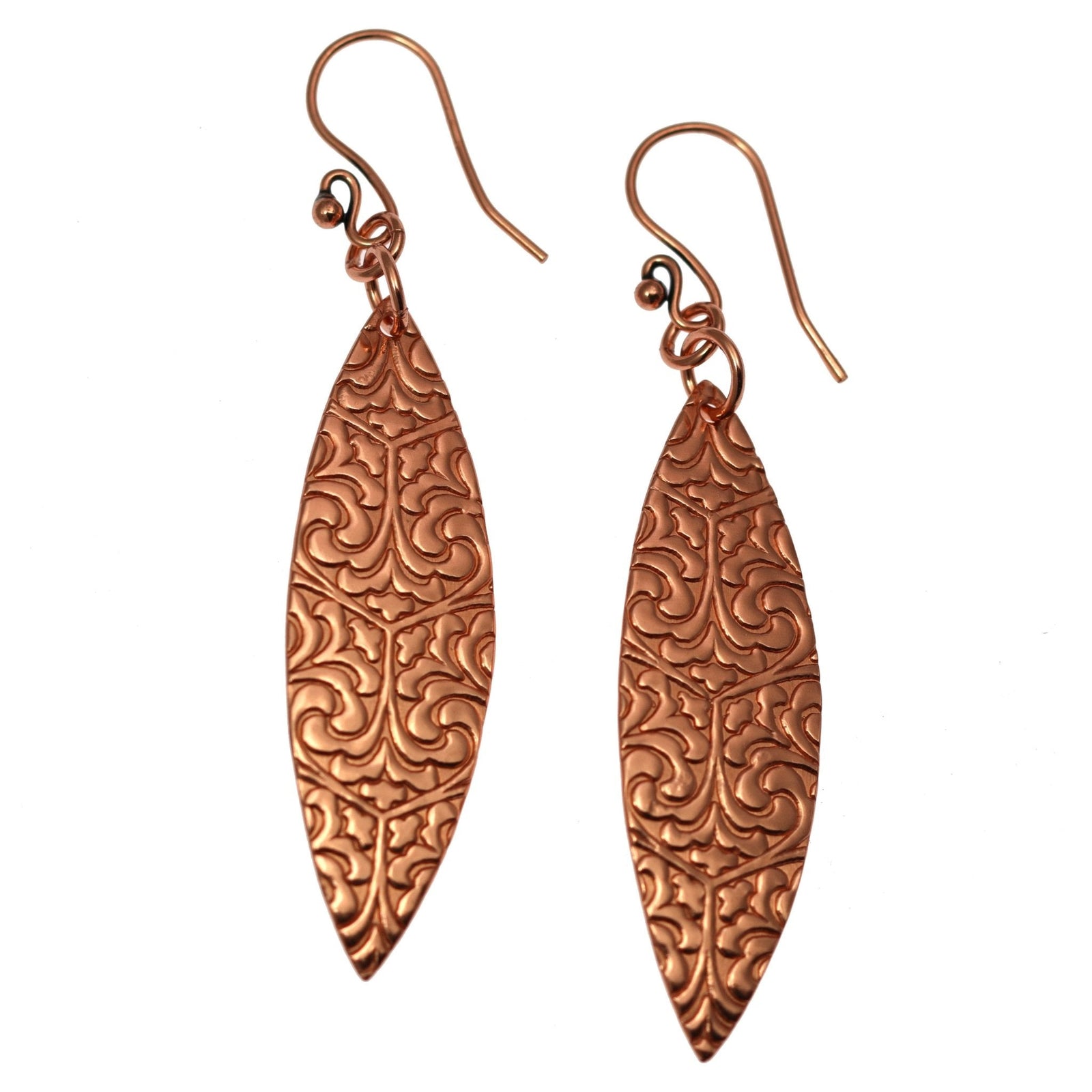 A Pair of Damask Embossed Copper Marquise Drop Earrings on a White Background