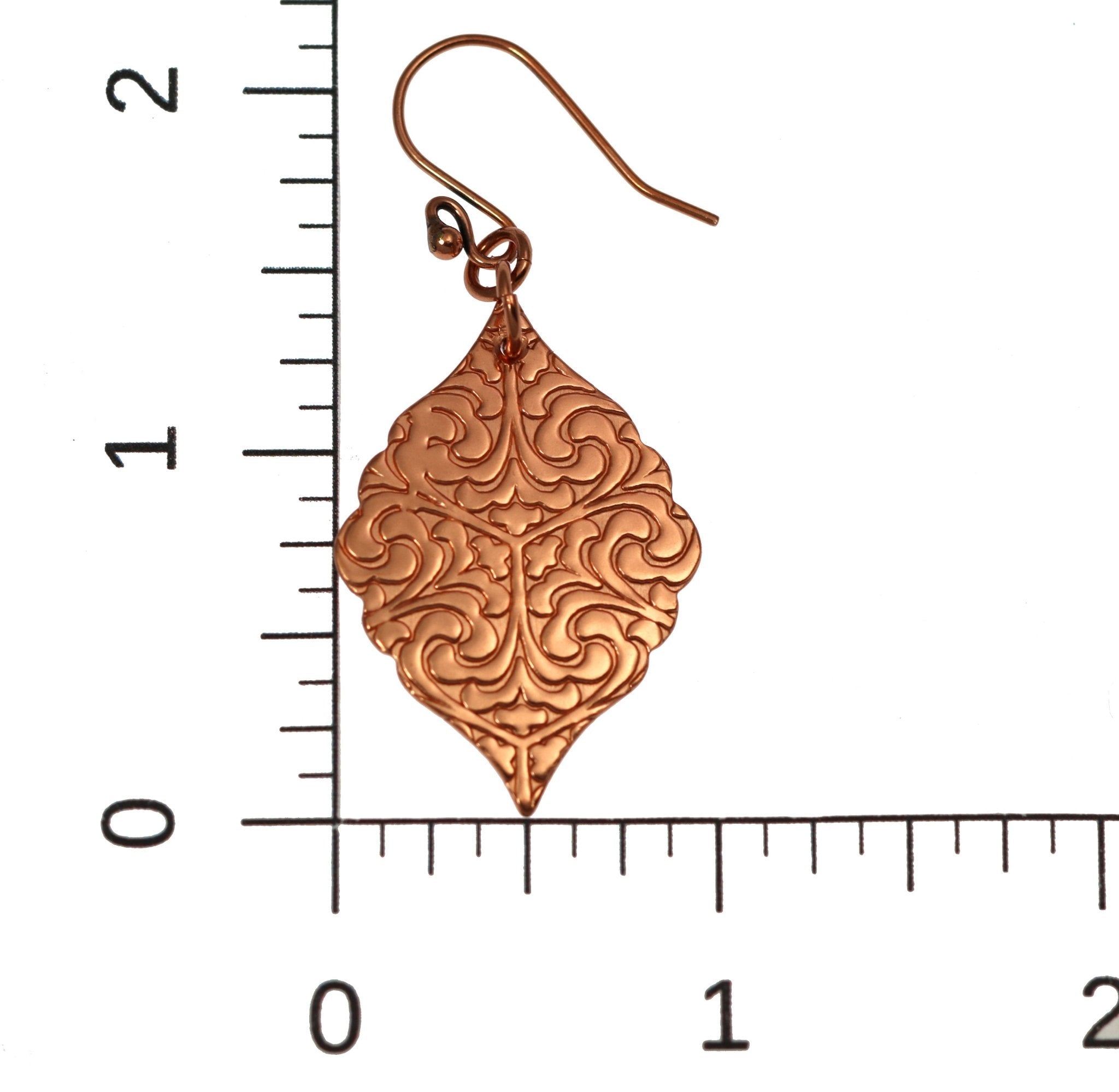 4 of 6: Scale of Damask Embossed Copper Moroccan Drop Earrings