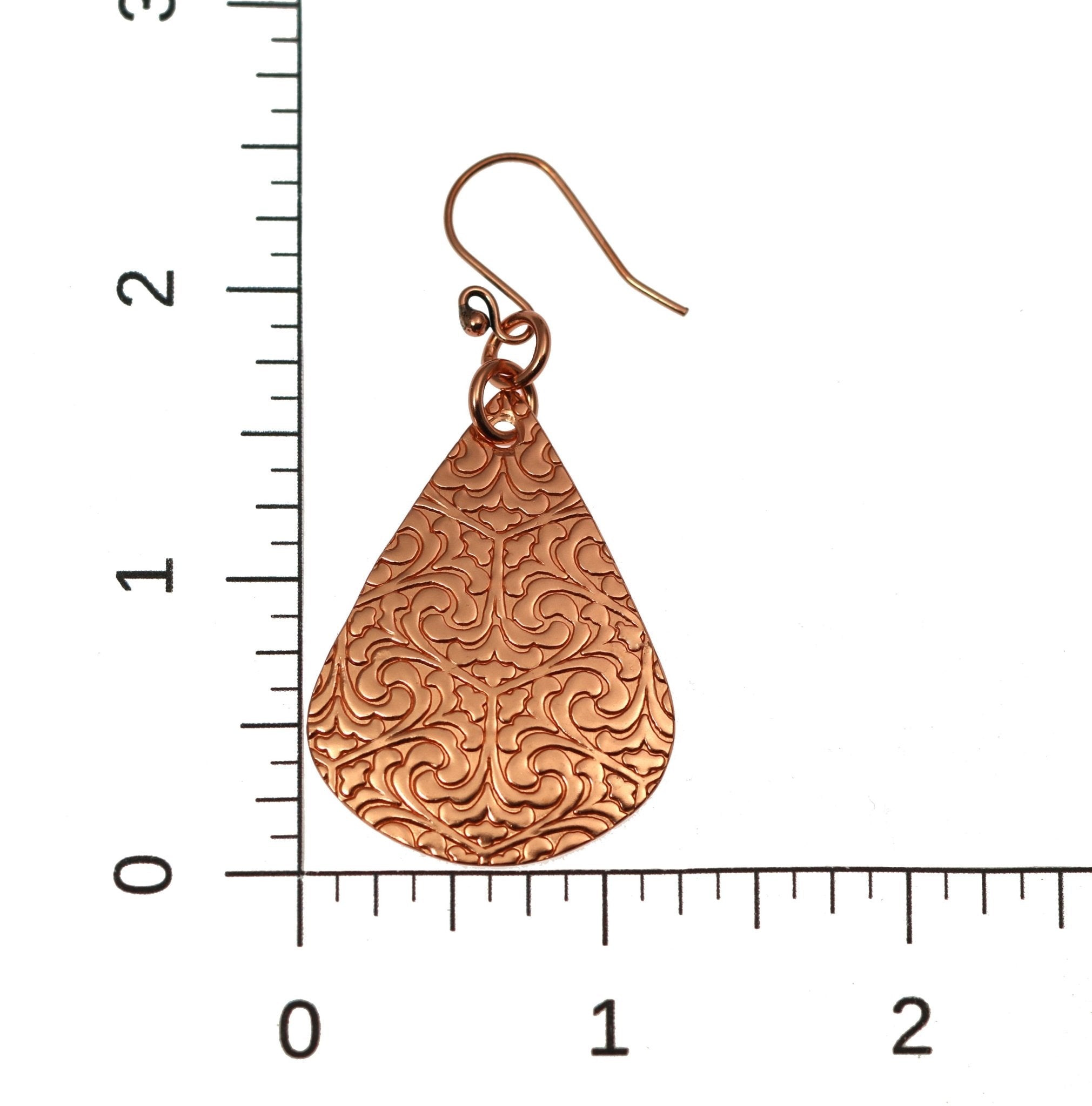 3 of 6: Scale of Damask Embossed Copper Teardrop Earrings