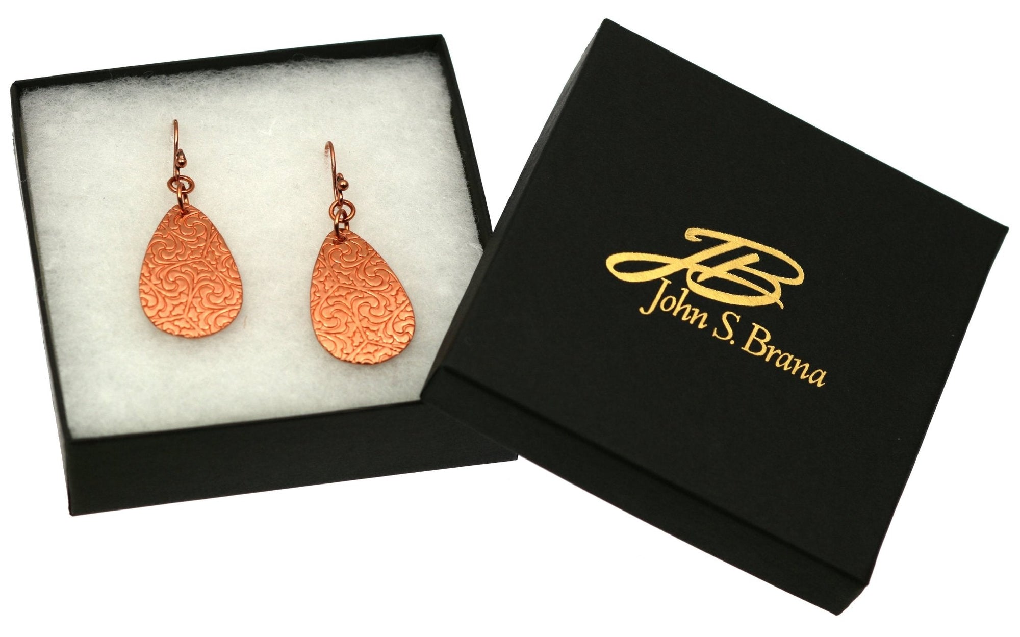 Damask Embossed Copper Teardrop Earrings in Gift Box