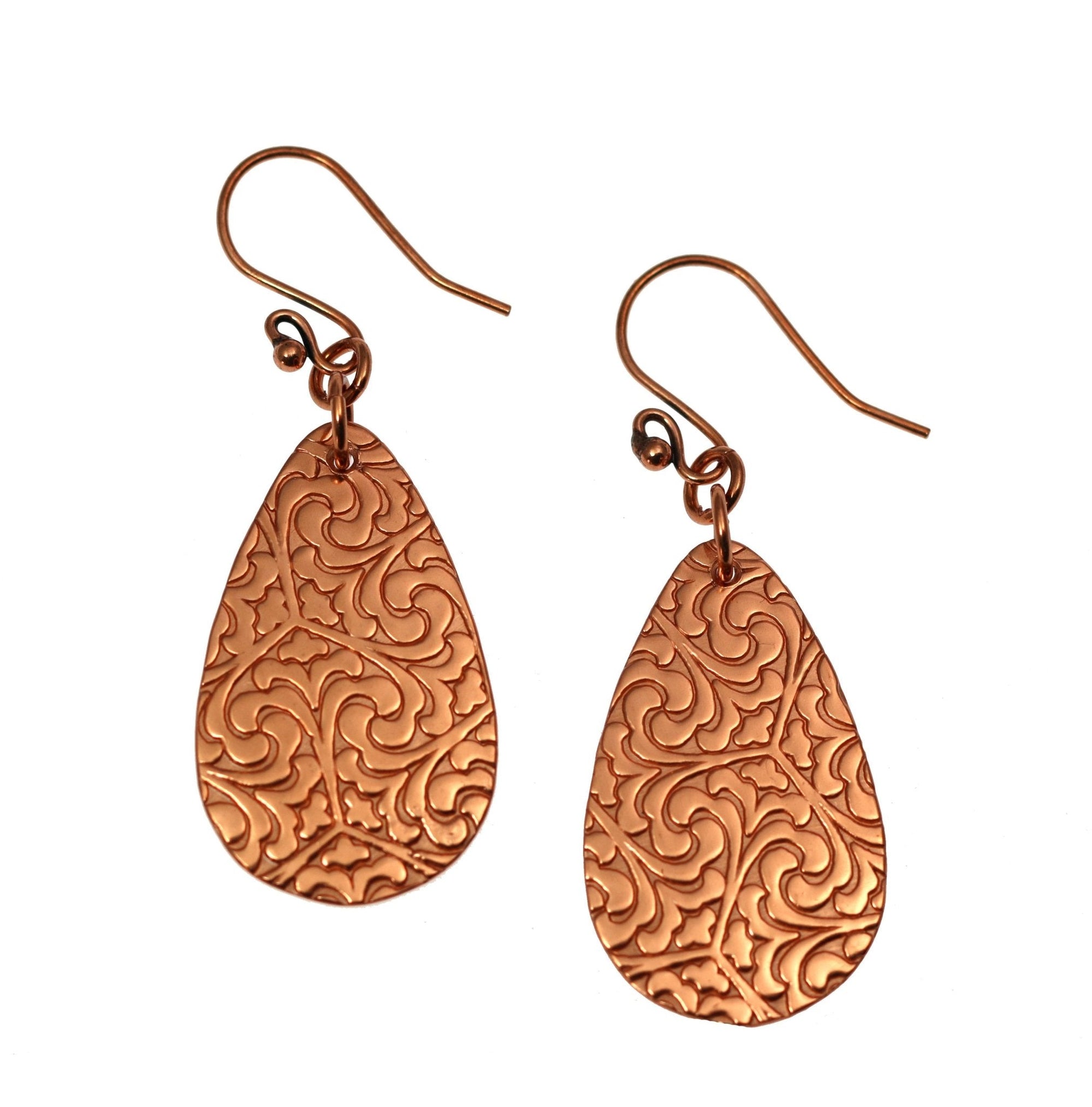 Damask Embossed Copper Teardrop Earrings