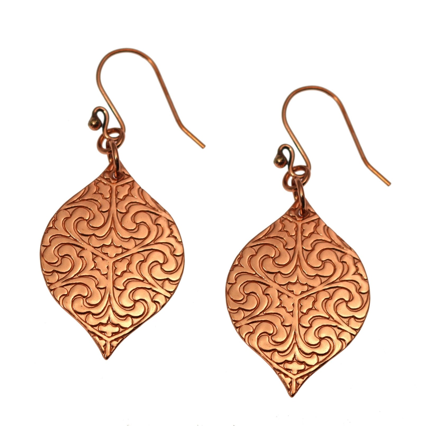 A Pair of Damask Embossed Marrakesh Copper Drop Earrings on a White Background