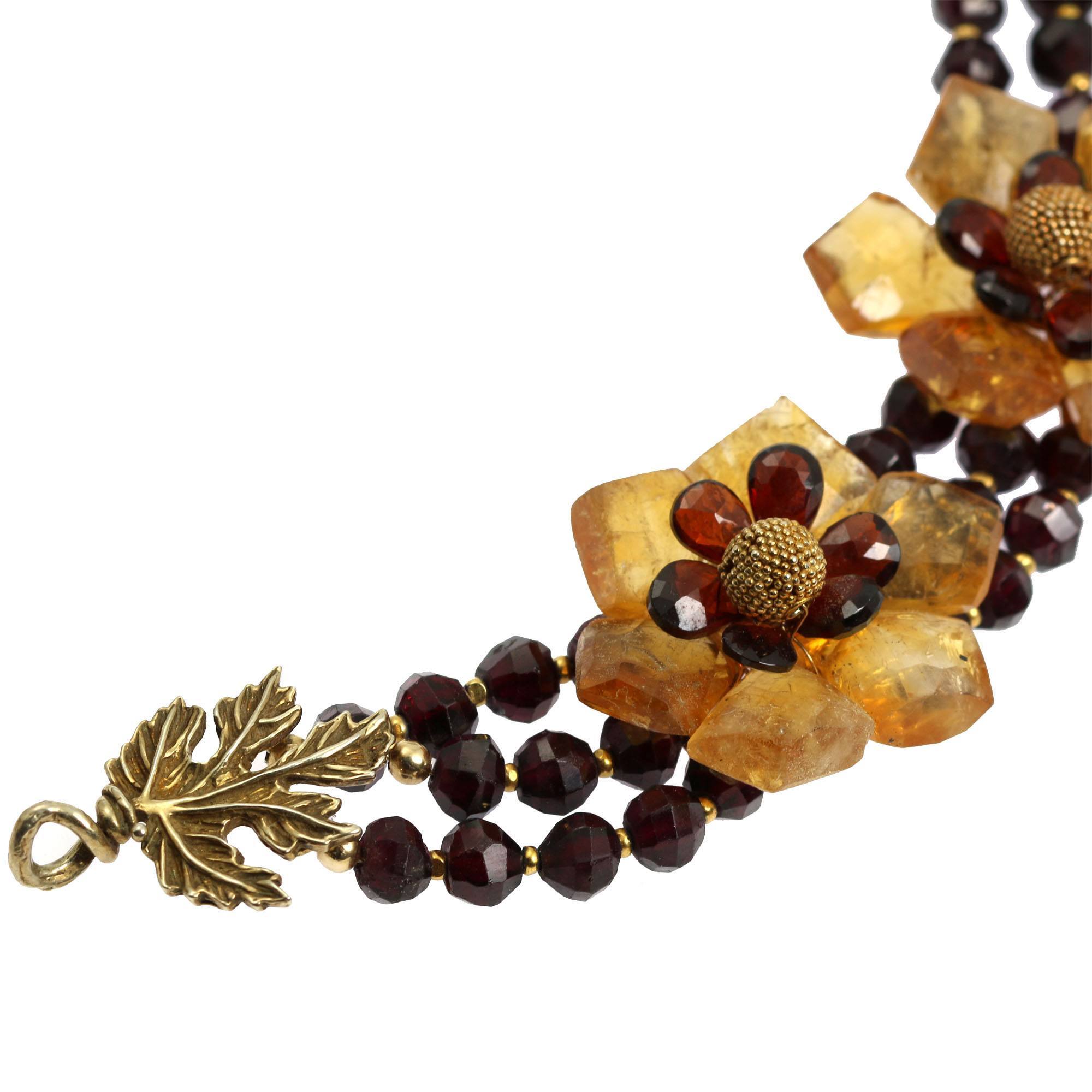 Close Up View of Faceted Garnets And Citrine Flower Necklace