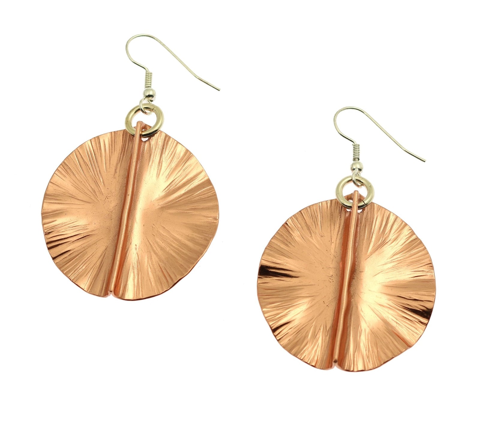 A Pair of Fold Formed Copper Lily Pad Earrings on a White Background