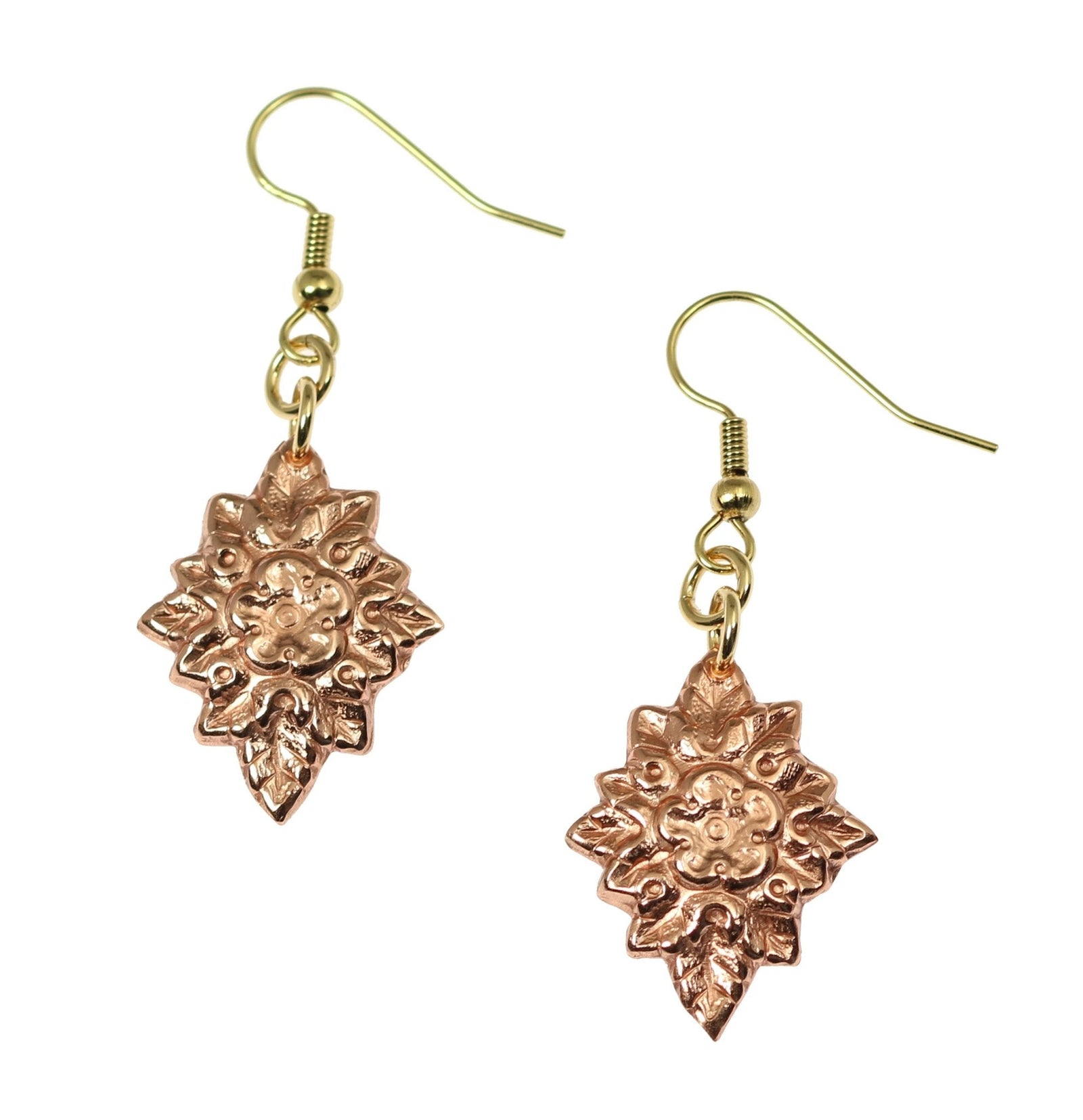 A Pair of French Bouquet Copper Drop Earrings on a White Background