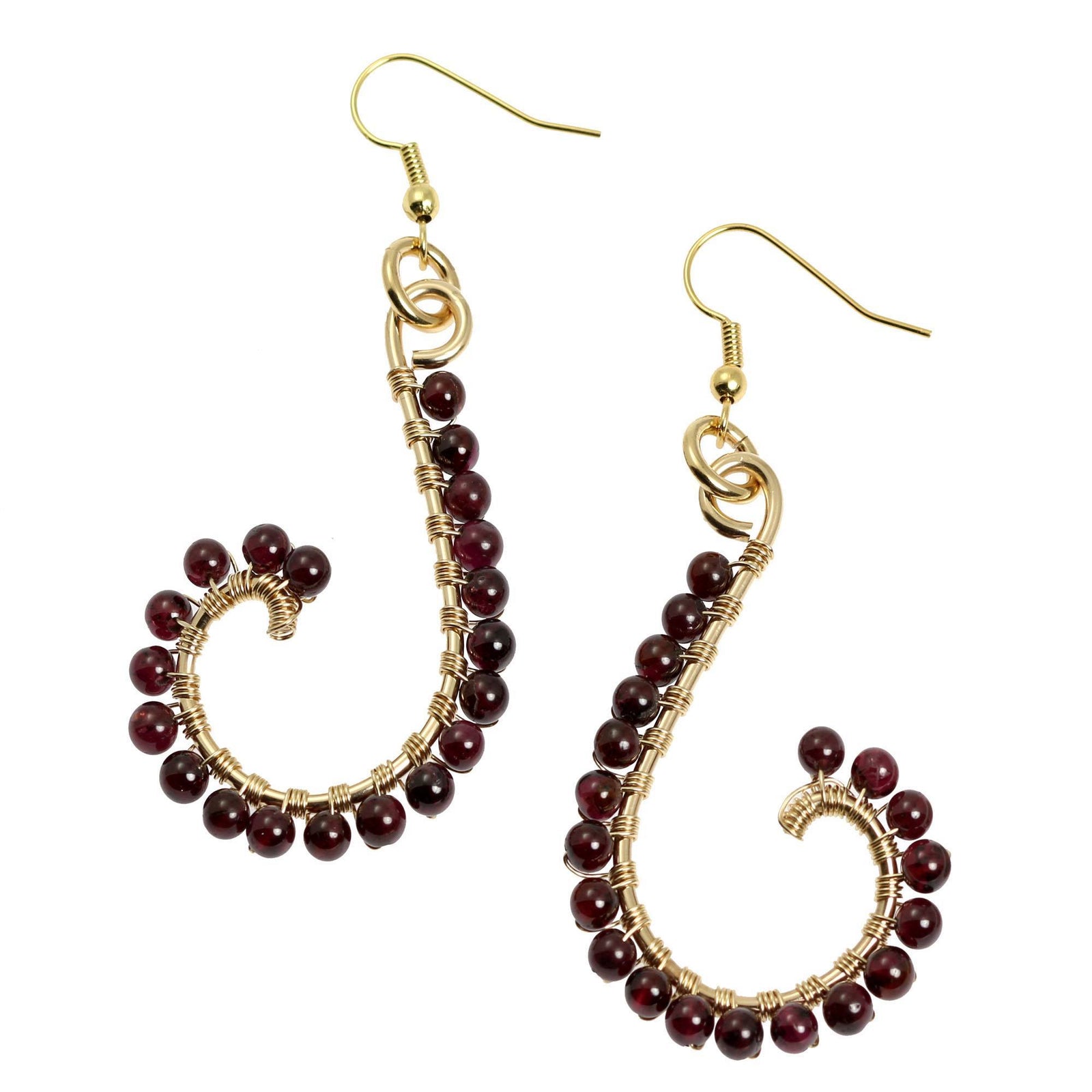 A Pair of Garnet Wire Wrapped 14K Gold-filled Earrings on a White Background