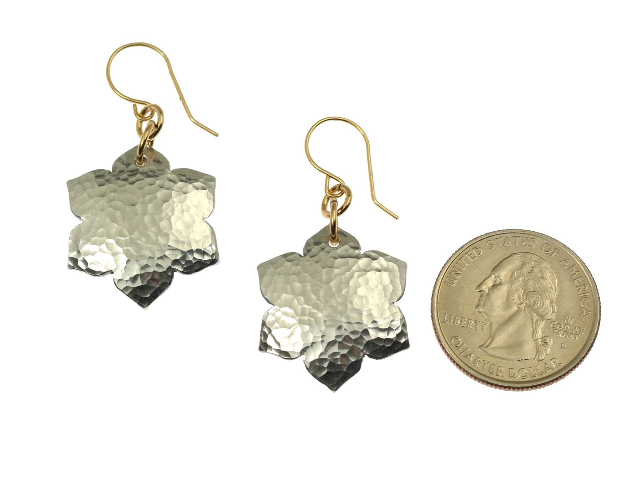 2 of 6: Size of Hammered Aluminum Arabesque Flower Earrings compared to a US Quarter Coin