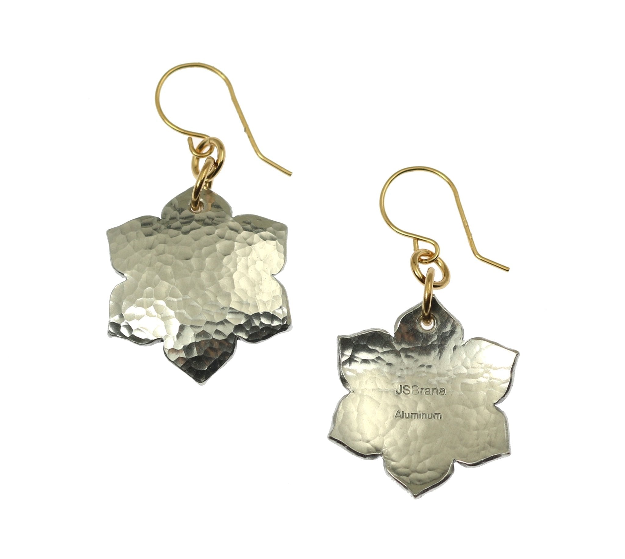 3 of 6: Front and Back Views of Hammered Aluminum Arabesque Flower Earrings