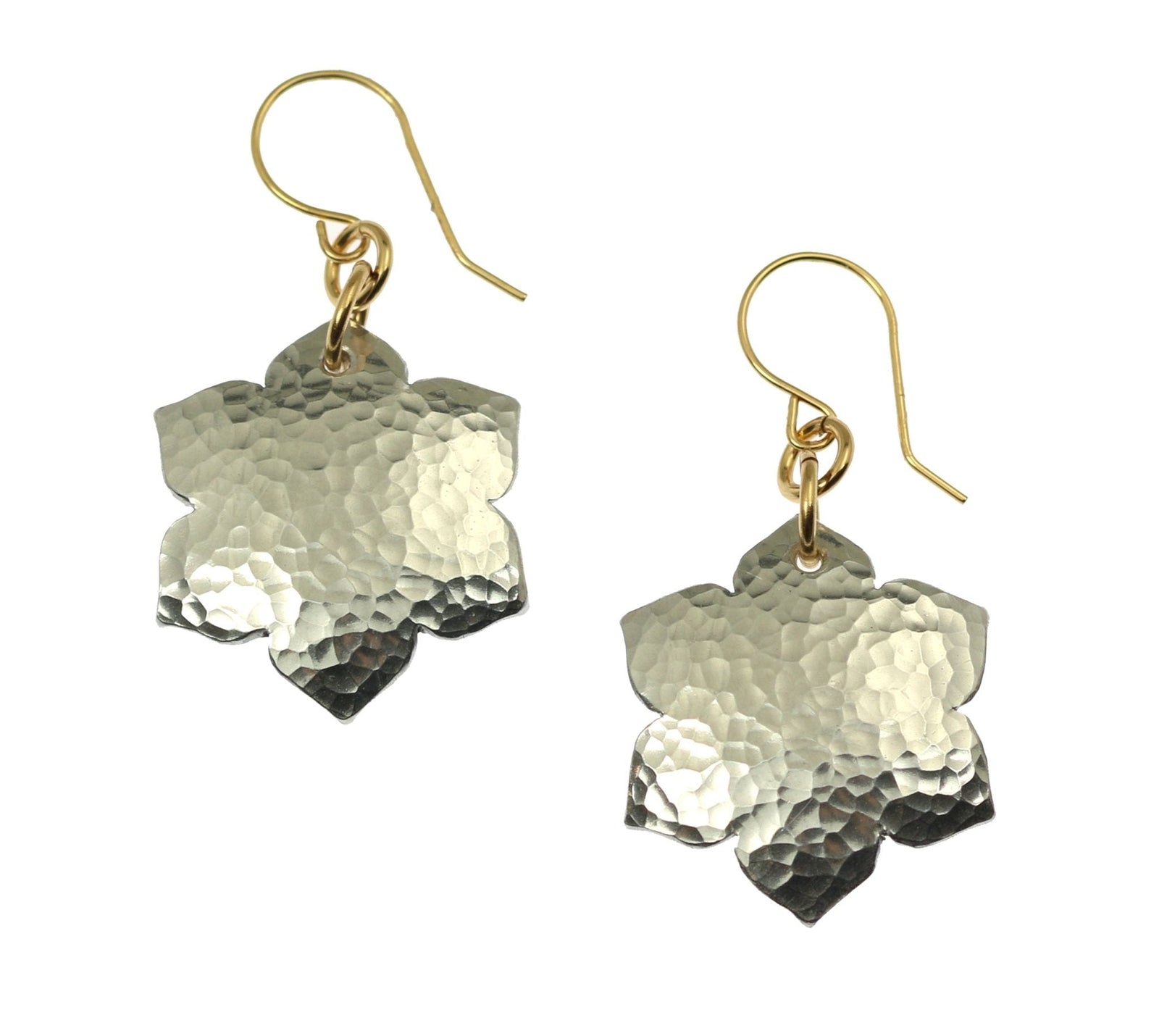 A Pair of Hammered Aluminum Arabesque Flower Earrings on a White Background