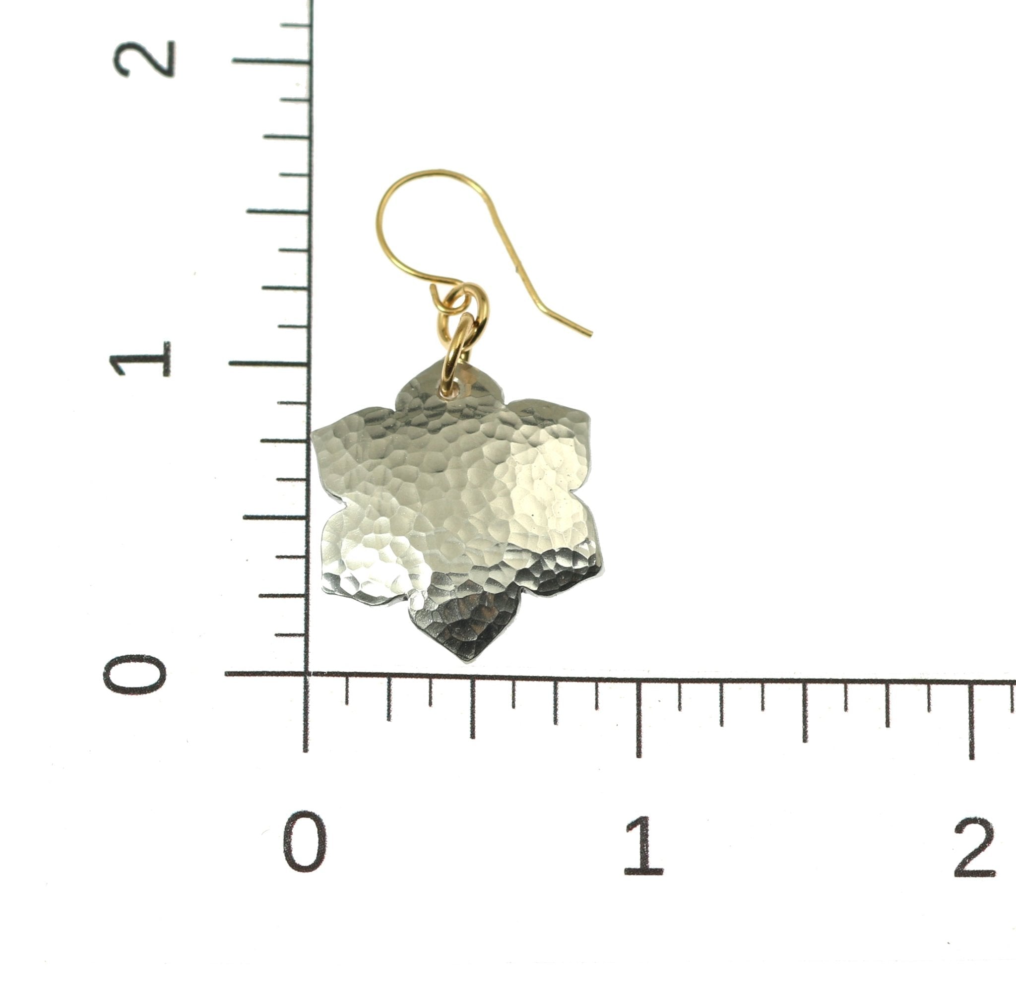 4 of 6: Scale of Hammered Aluminum Arabesque Flower Earrings on a Ruler for Size Dimensions