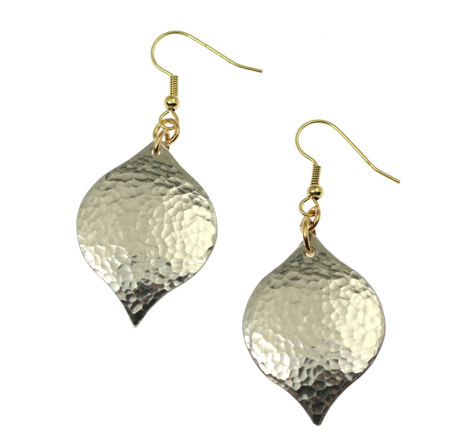 A Pair of Hammered Aluminum Marrakesh Drop Earrings on a White Background