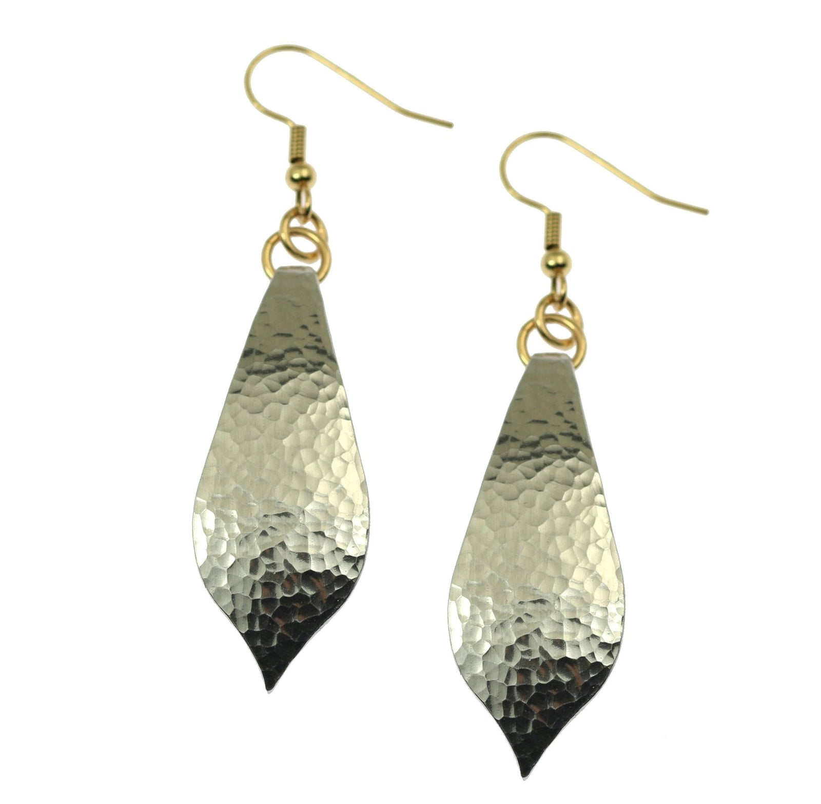 A Pair of Hammered Aluminum Marrakesh Teardrop Earrings on a White Background