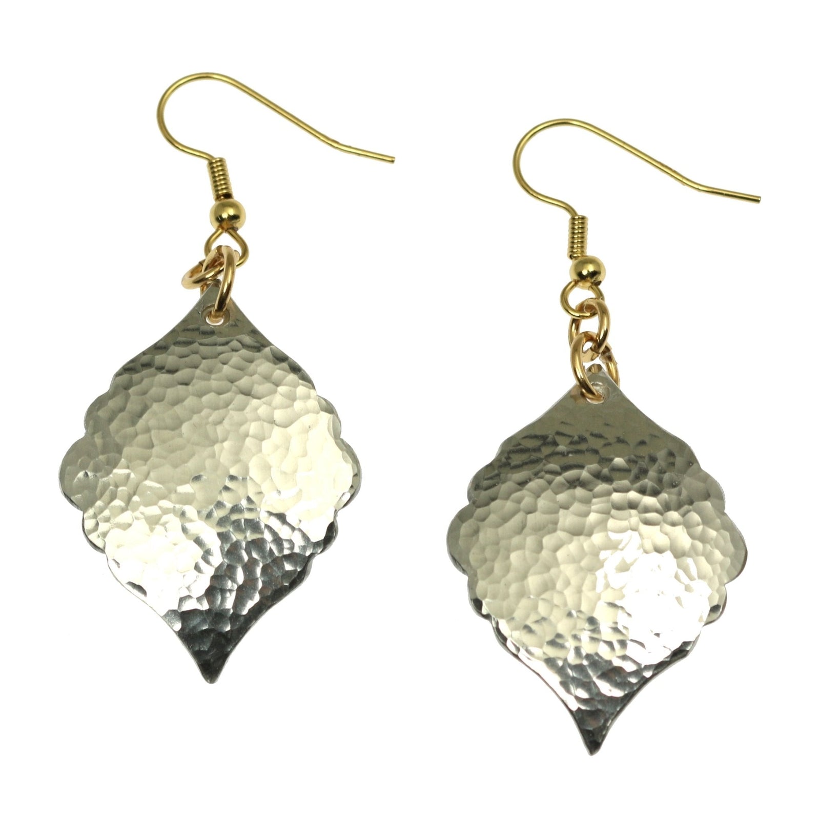 A Pair of Hammered Aluminum Moroccan Drop Earrings on a White Background
