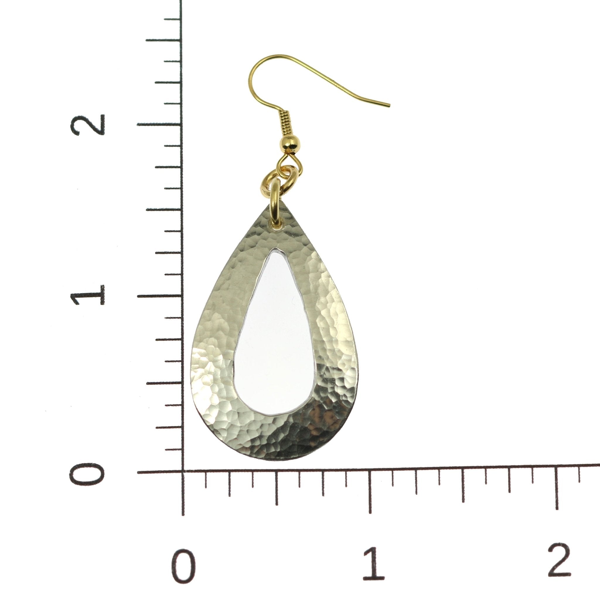 4 of 6: Scale of Hammered Aluminum Open Teardrop Earrings on a Ruler for Size Dimensions