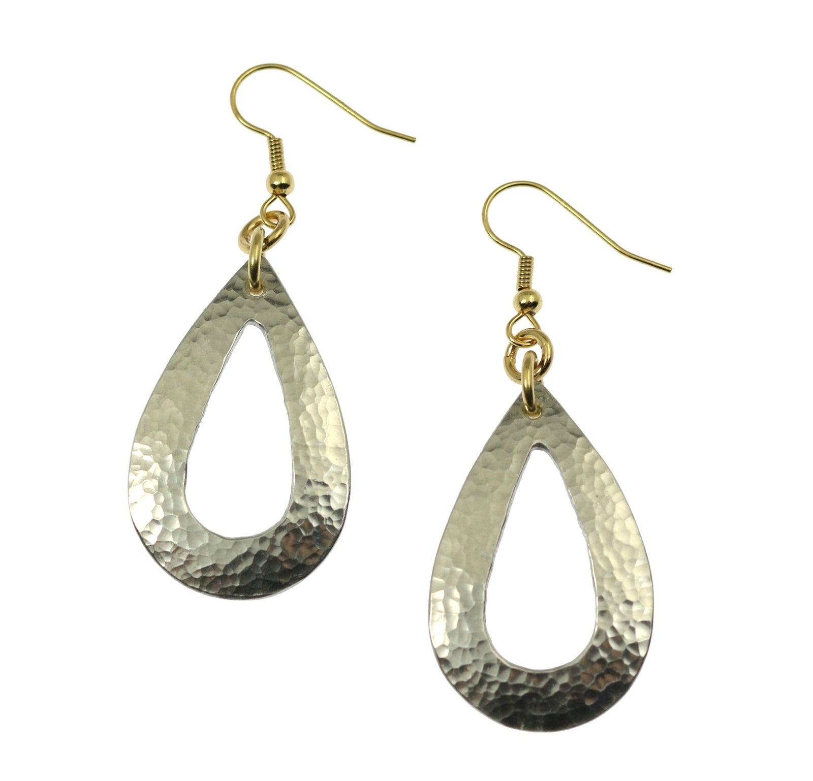 A Pair of Hammered Aluminum Open Teardrop Earrings on a White Background
