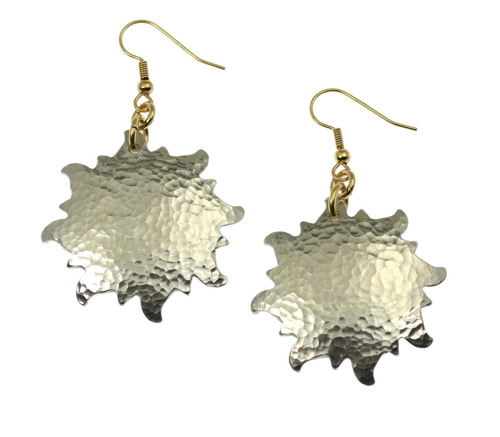 A Pair of Hammered Aluminum Sunburst Earrings on a White Background